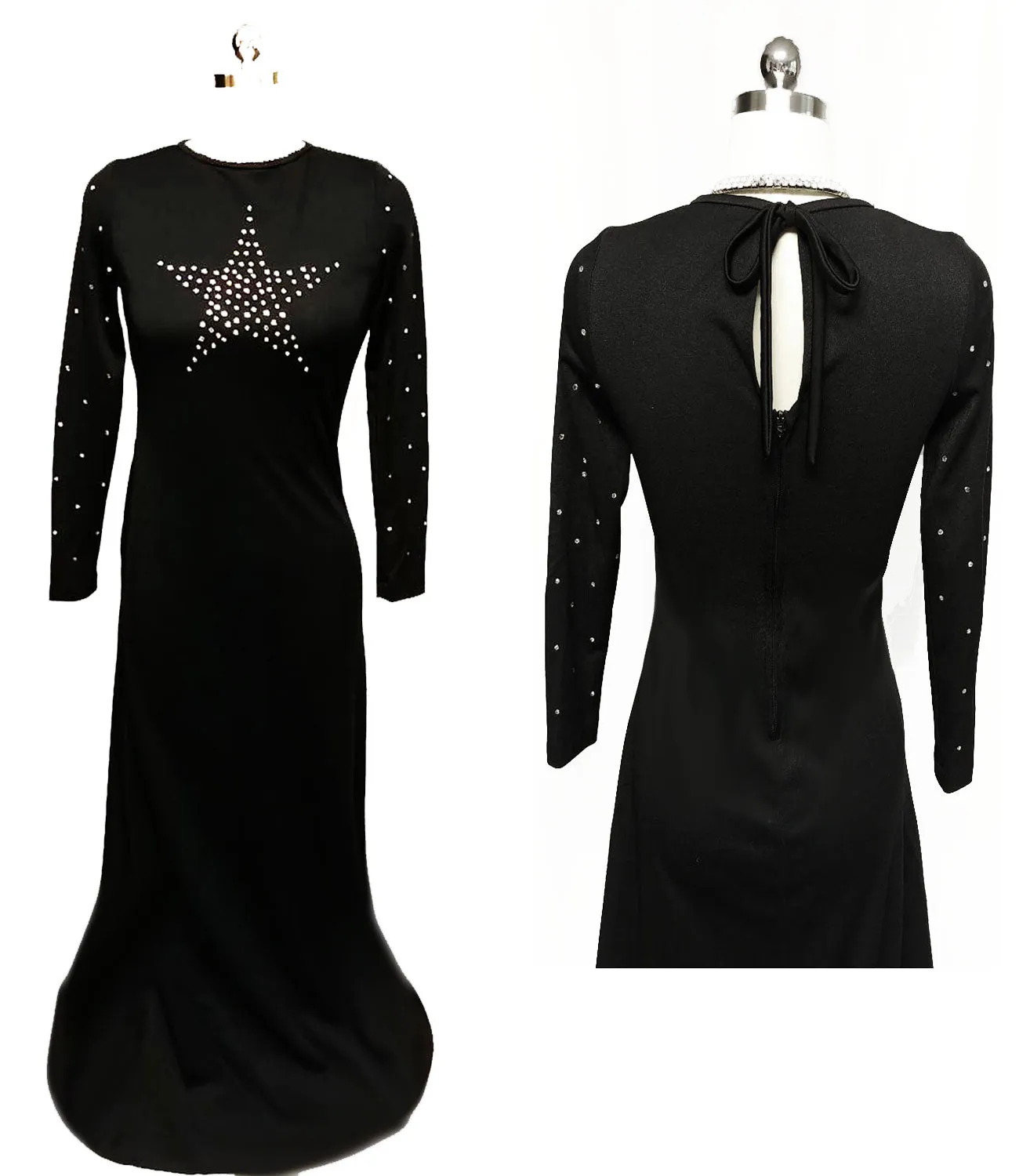 * VINTAGE BLACK SPARKLING RHINESTONE STAR EVENING GOWN WITH KEYHOLE BACK