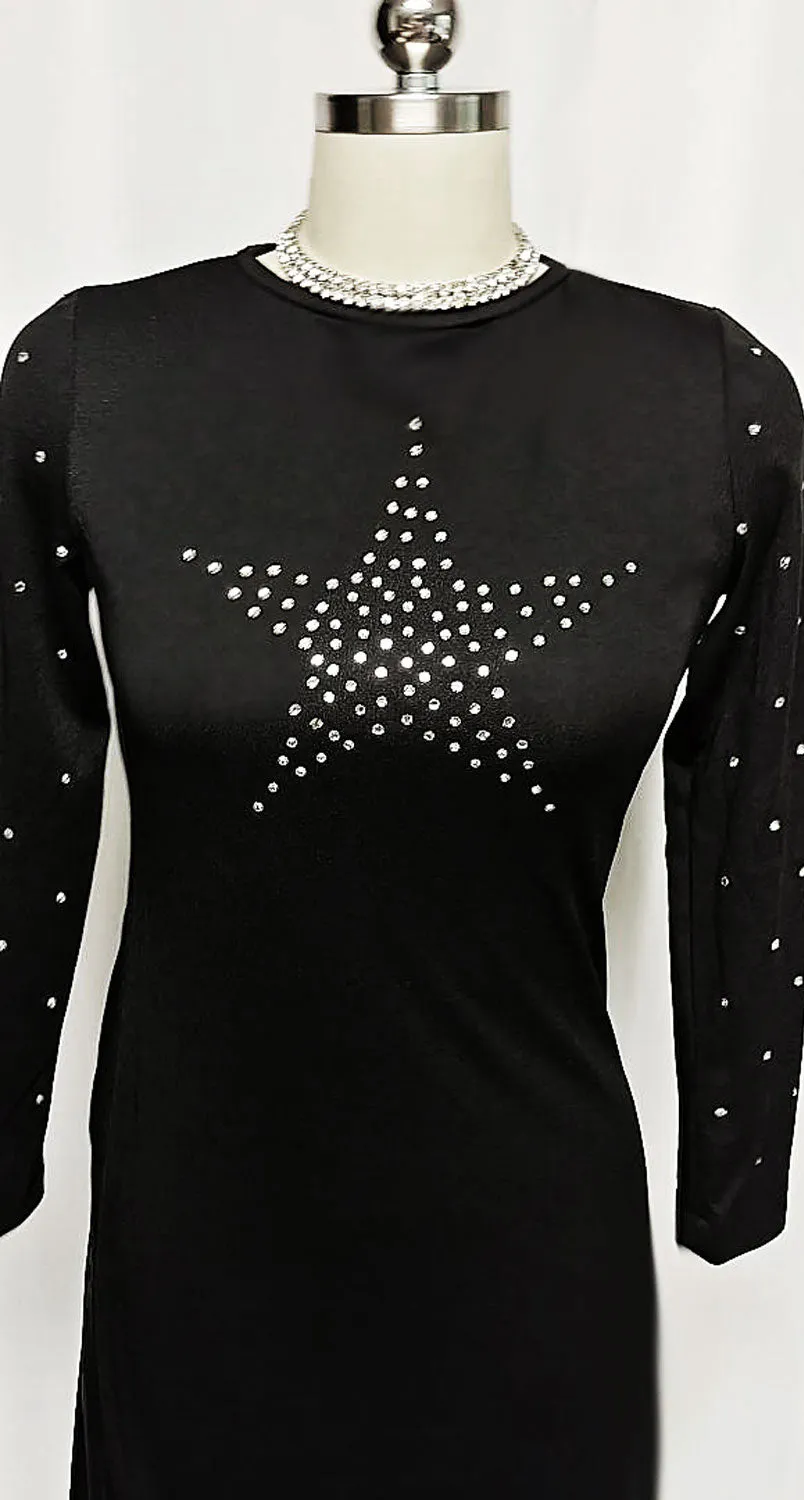 * VINTAGE BLACK SPARKLING RHINESTONE STAR EVENING GOWN WITH KEYHOLE BACK