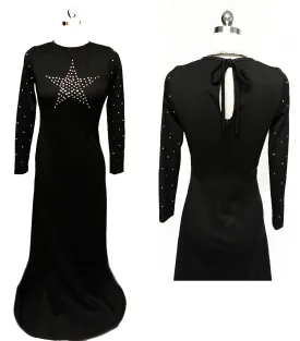 * VINTAGE BLACK SPARKLING RHINESTONE STAR EVENING GOWN WITH KEYHOLE BACK