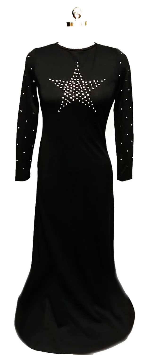 * VINTAGE BLACK SPARKLING RHINESTONE STAR EVENING GOWN WITH KEYHOLE BACK