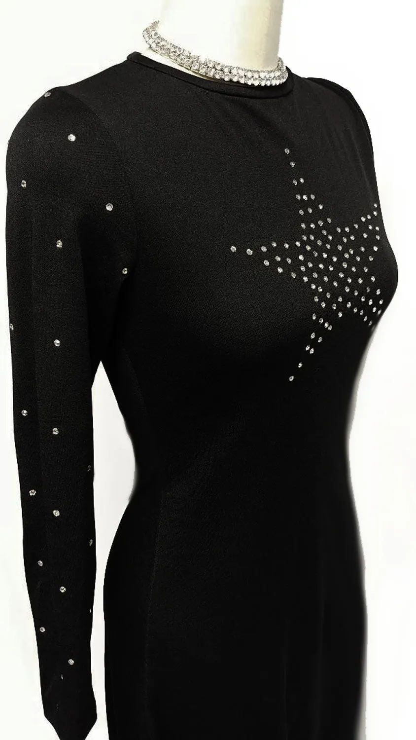 * VINTAGE BLACK SPARKLING RHINESTONE STAR EVENING GOWN WITH KEYHOLE BACK