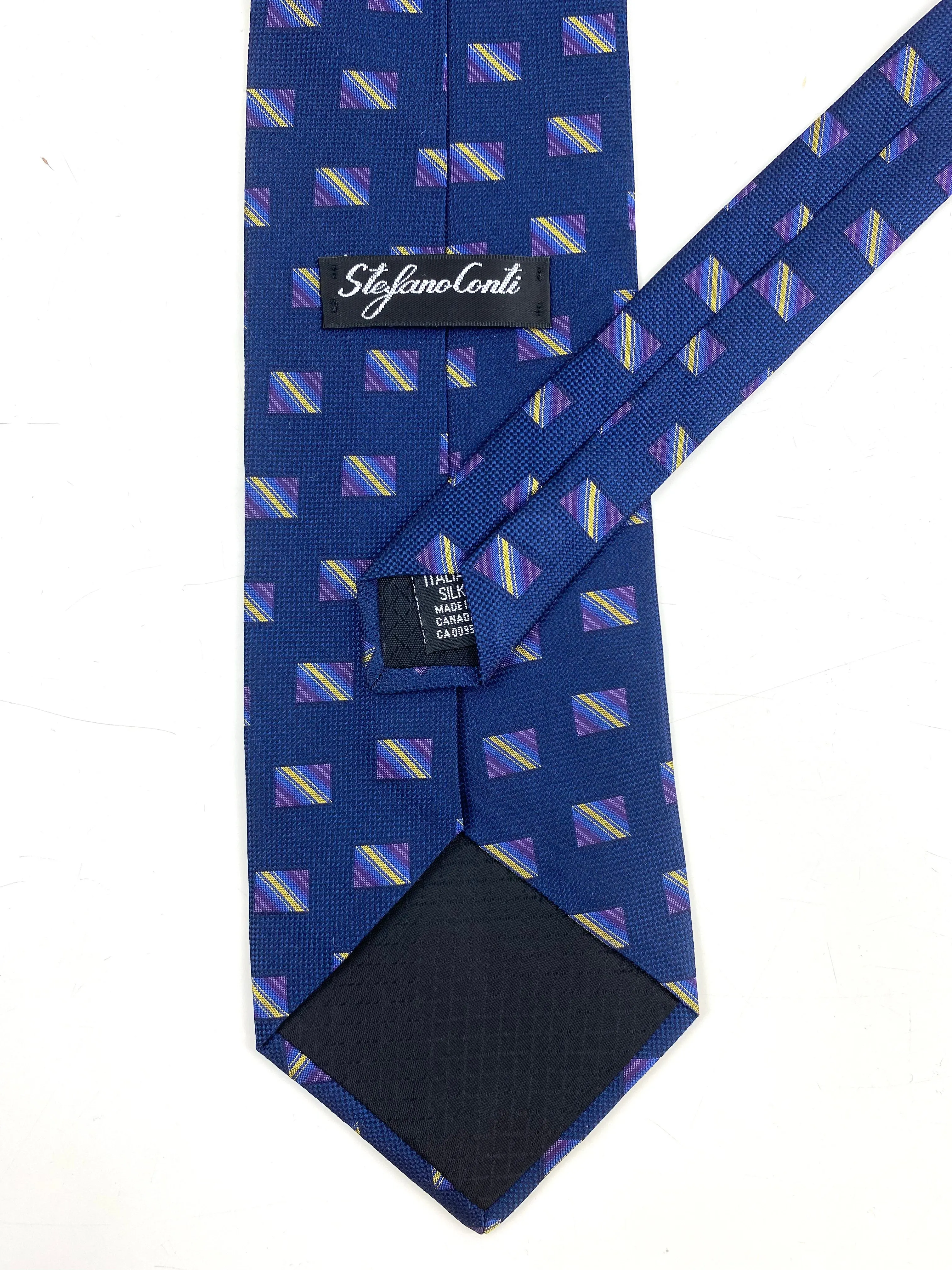 90s Deadstock Silk Necktie, Men's Vintage Blue/ Purple Square Pattern Tie, NOS