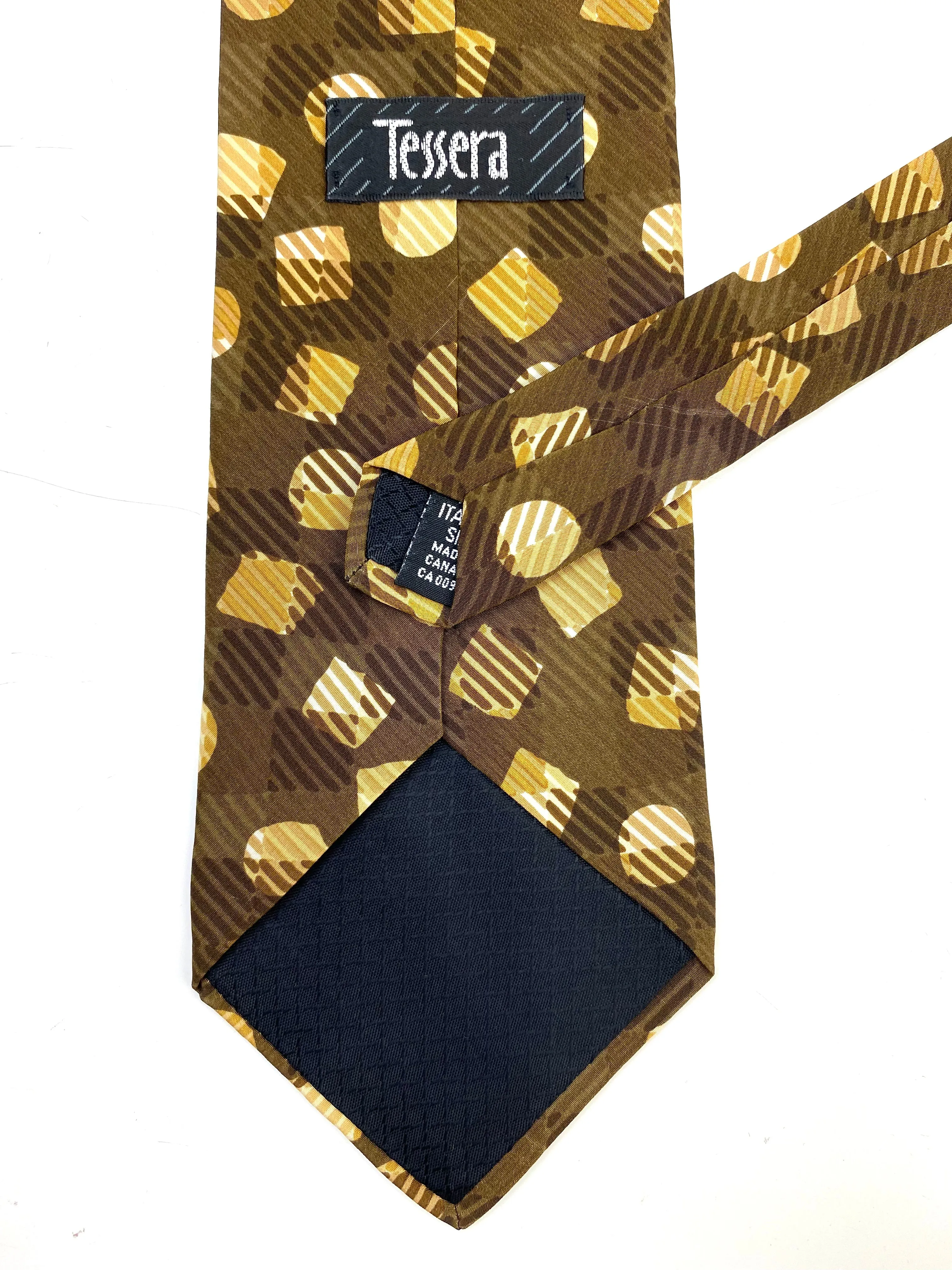 90s Deadstock Silk Necktie, Men's Vintage Brown Circles & Squares Check Pattern Tie, NOS