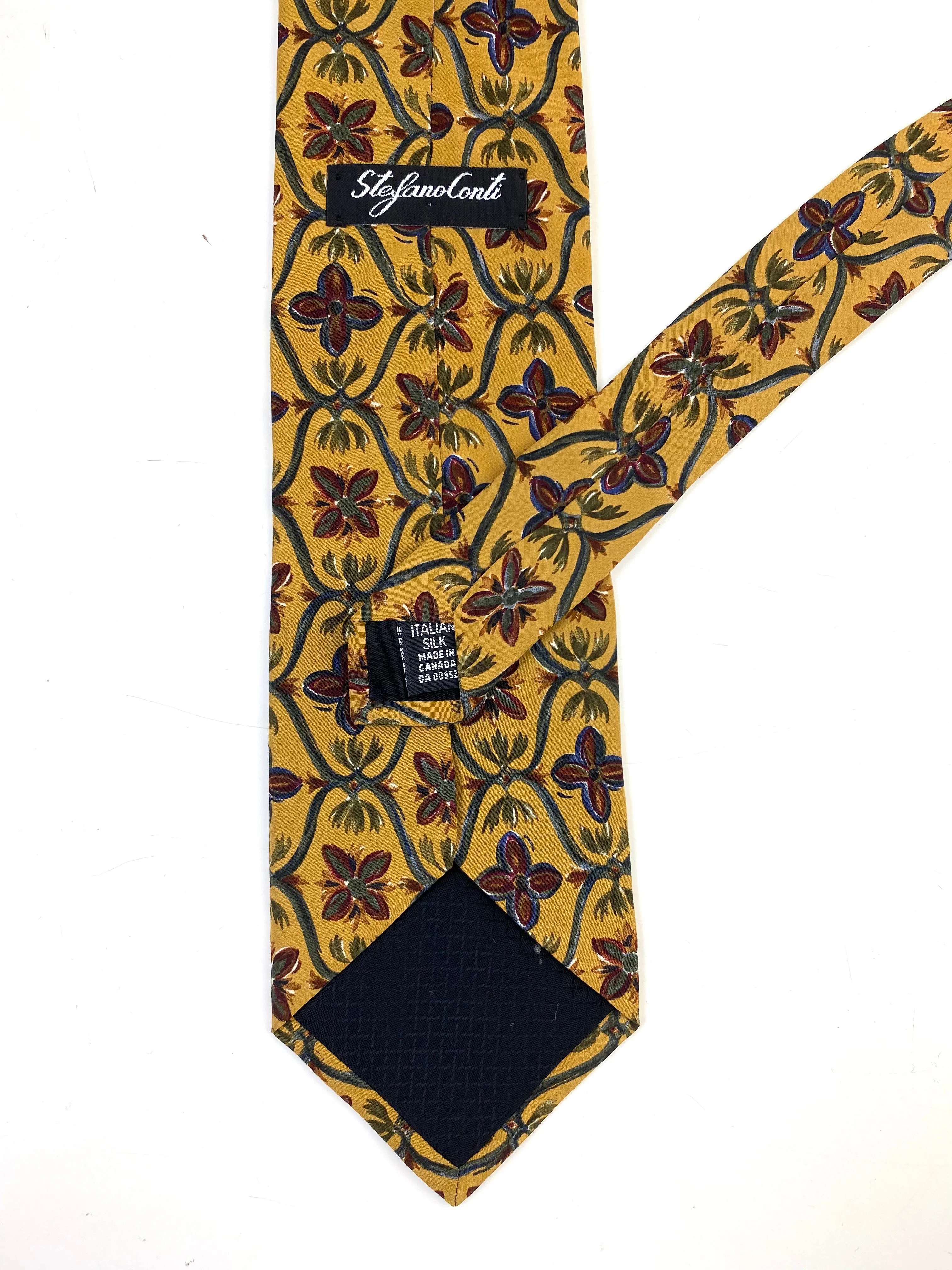 90s Deadstock Silk Necktie, Men's Vintage Gold Floral Ogee Pattern Tie, NOS