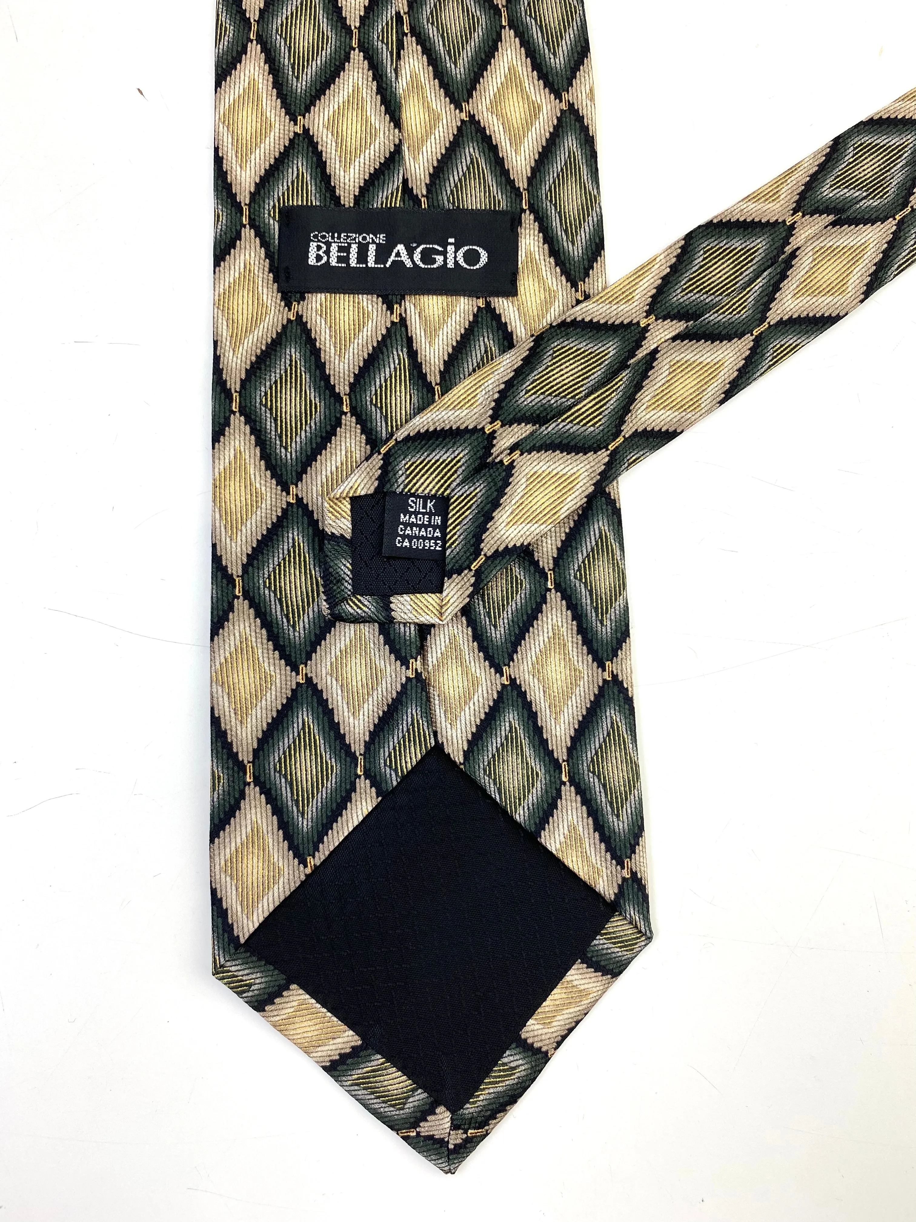 90s Deadstock Silk Necktie, Men's Vintage Gold/ Green Diamond Harlequin Check Pattern Tie, NOS