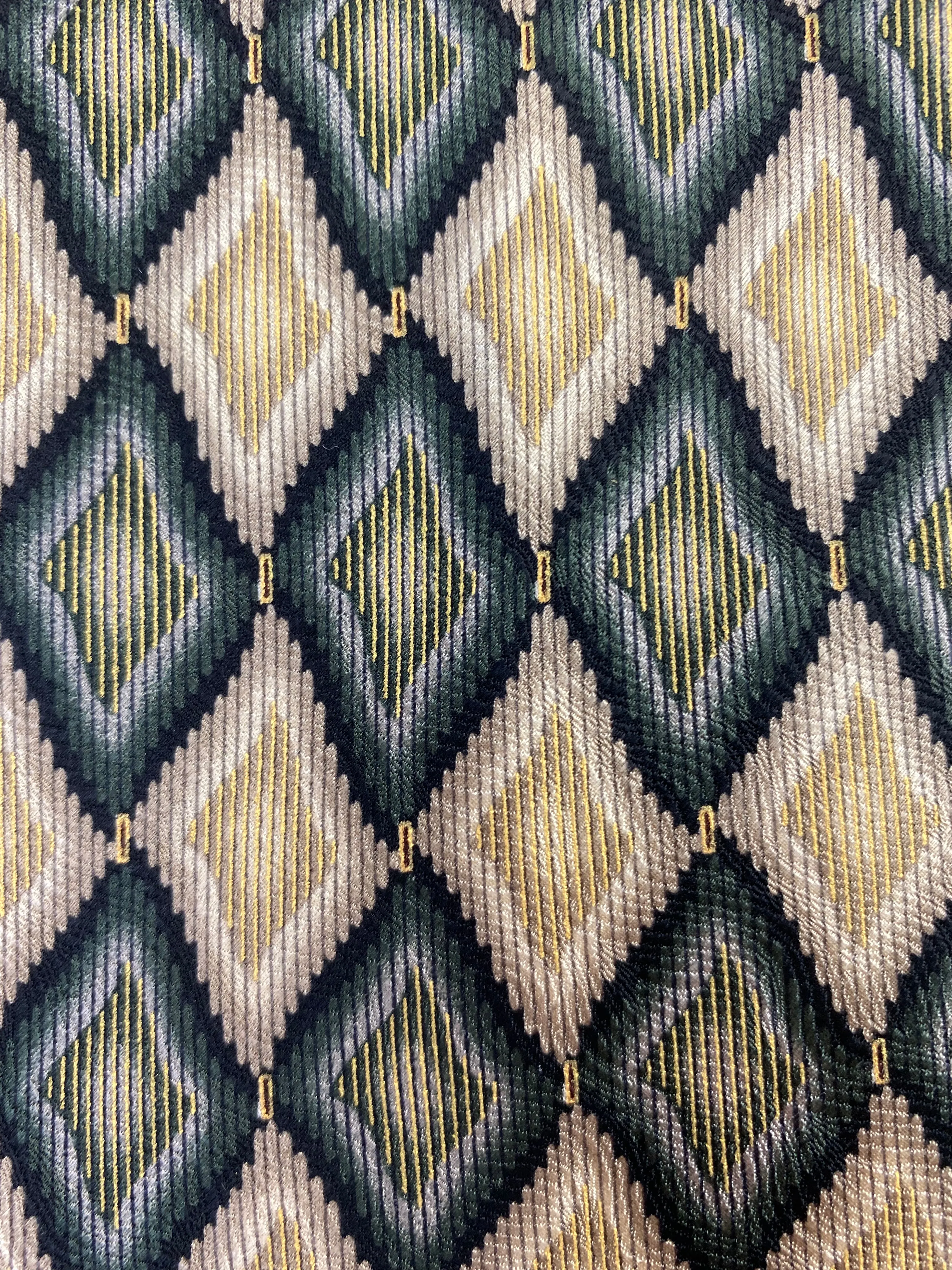 90s Deadstock Silk Necktie, Men's Vintage Gold/ Green Diamond Harlequin Check Pattern Tie, NOS