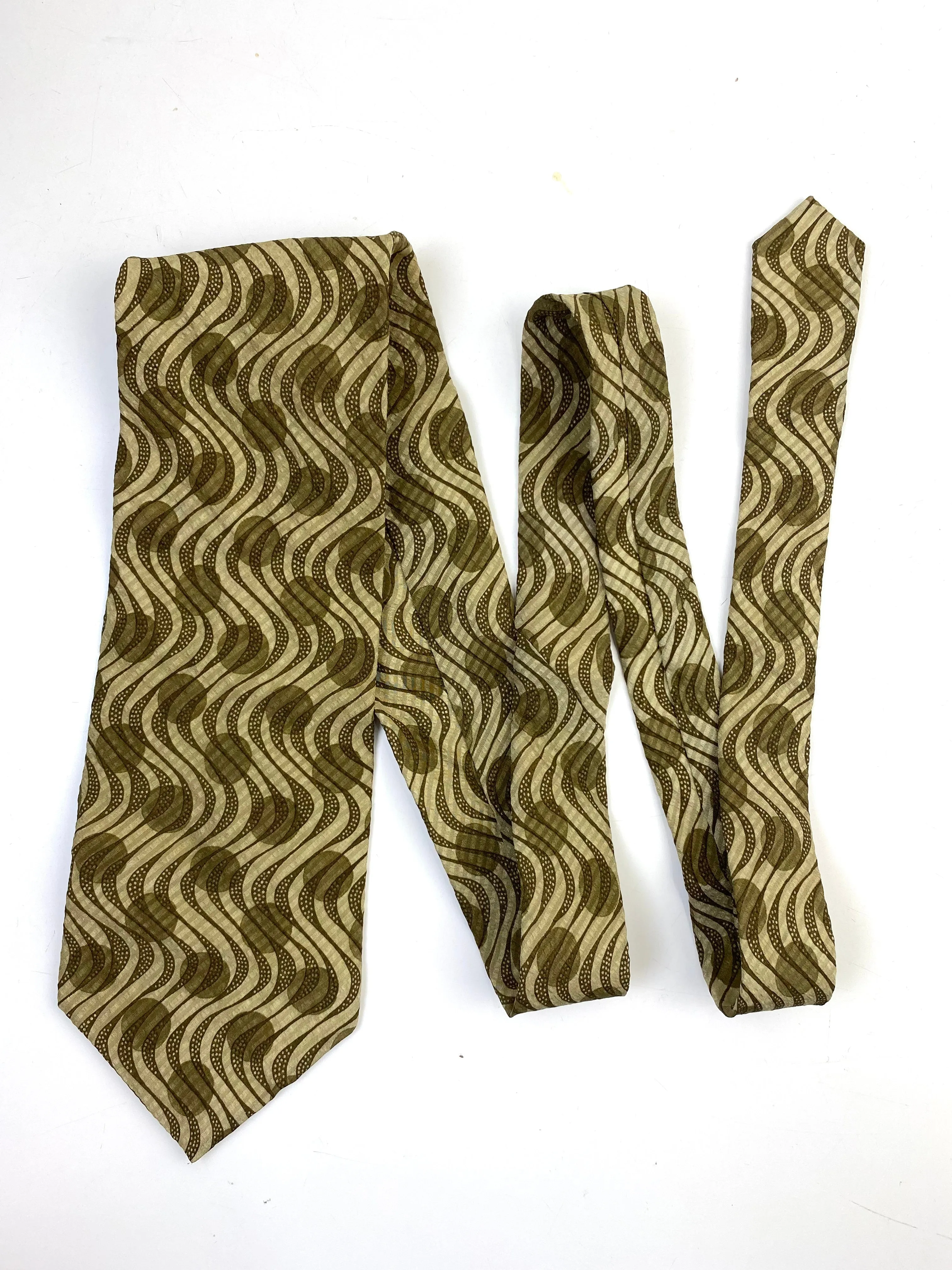 90s Deadstock Silk Necktie, Men's Vintage Gold-Green Wave & Dot Pattern, NOS