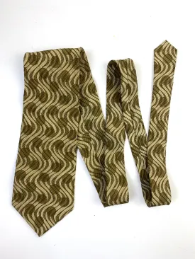 90s Deadstock Silk Necktie, Men's Vintage Gold-Green Wave & Dot Pattern, NOS
