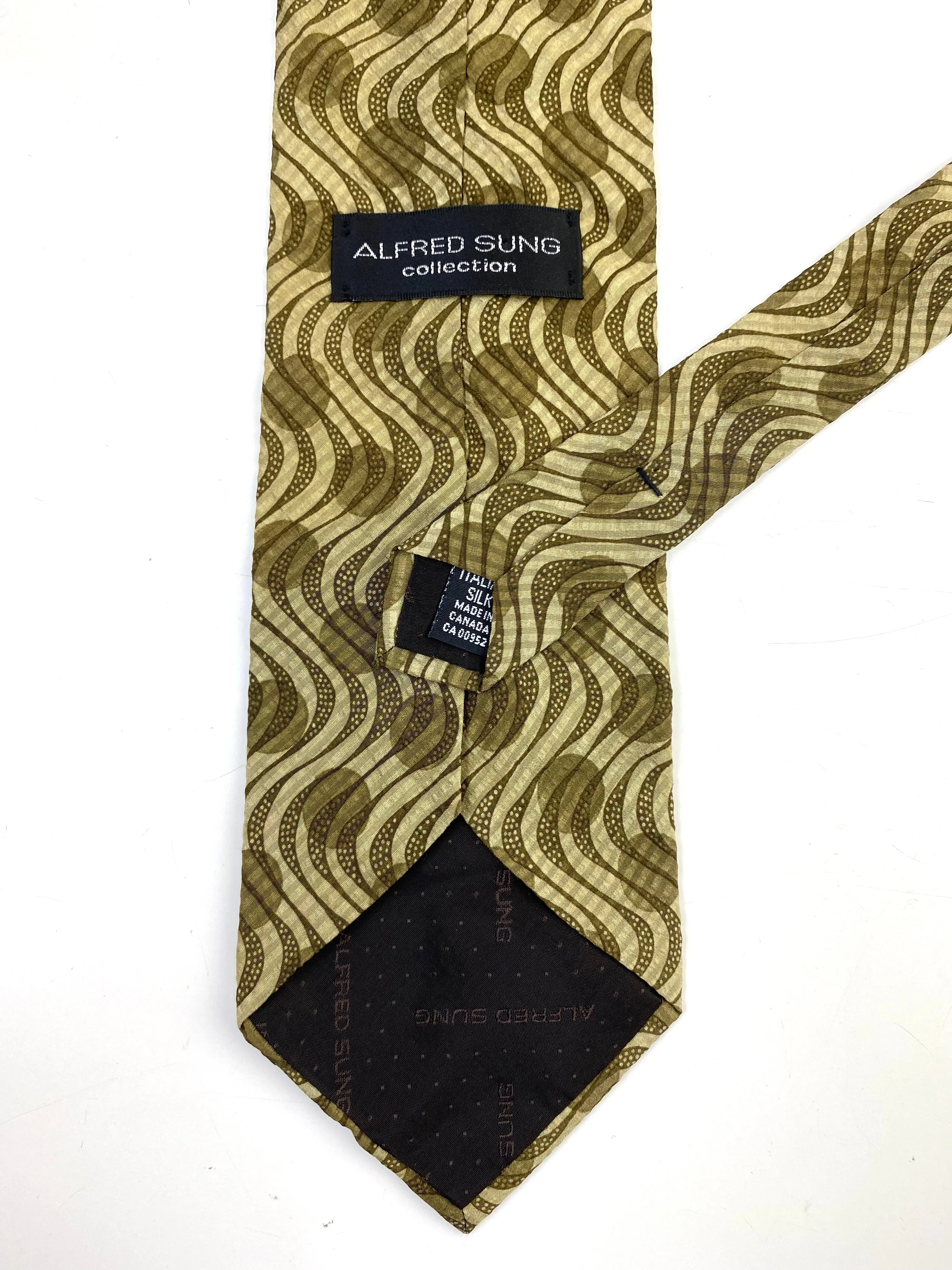 90s Deadstock Silk Necktie, Men's Vintage Gold-Green Wave & Dot Pattern, NOS