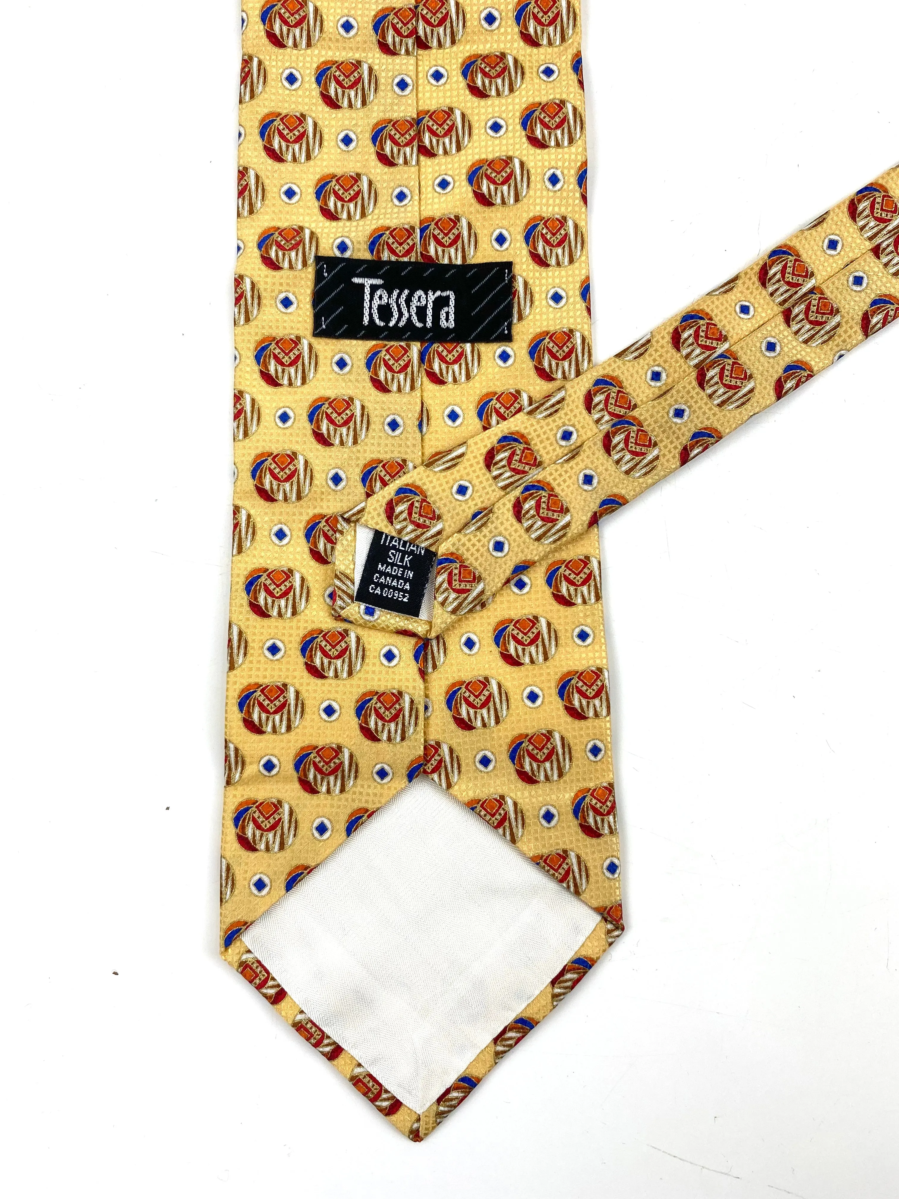 90s Deadstock Silk Necktie, Men's Vintage Gold Medallion Foulard Pattern Tie, NOS