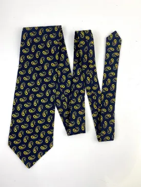 90s Deadstock Silk Necktie, Men's Vintage Gold Navy Modern Boteh Paisley Pattern Tie, NOS