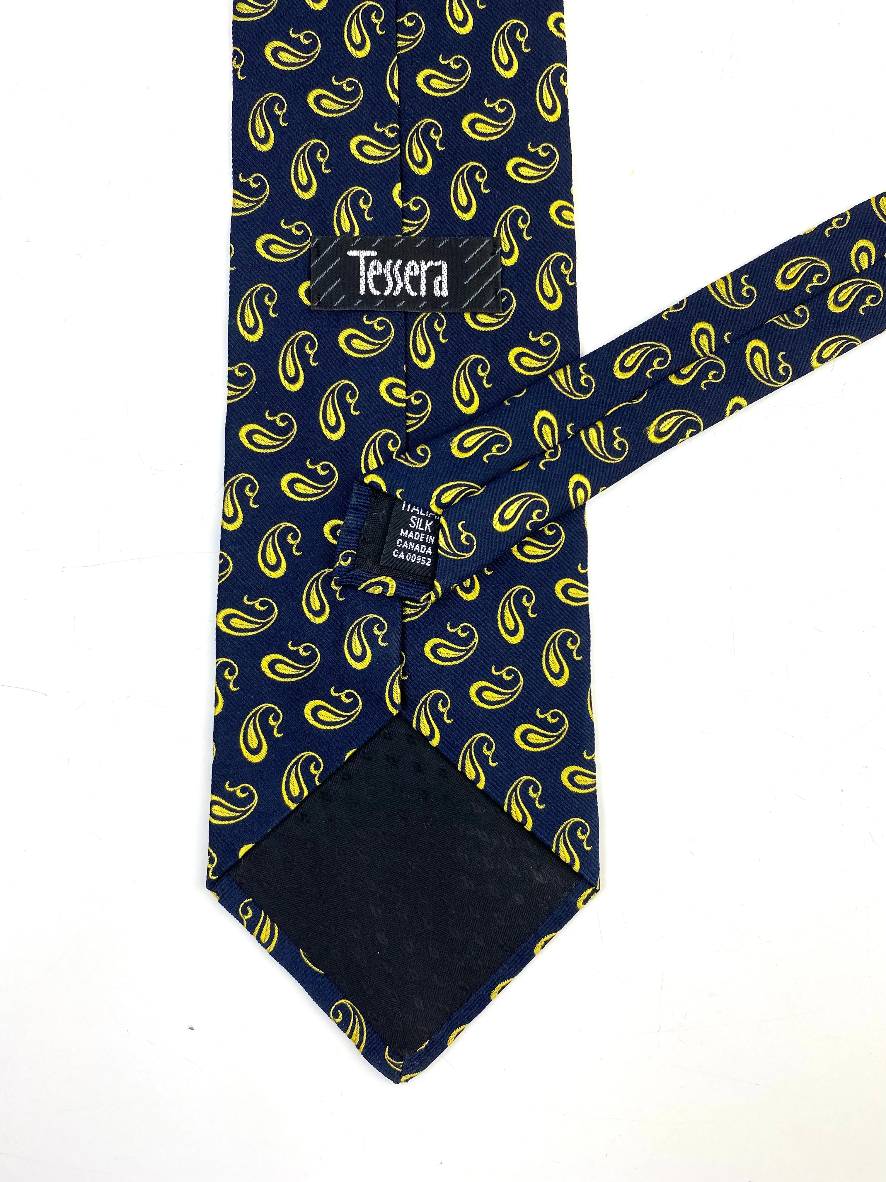 90s Deadstock Silk Necktie, Men's Vintage Gold Navy Modern Boteh Paisley Pattern Tie, NOS