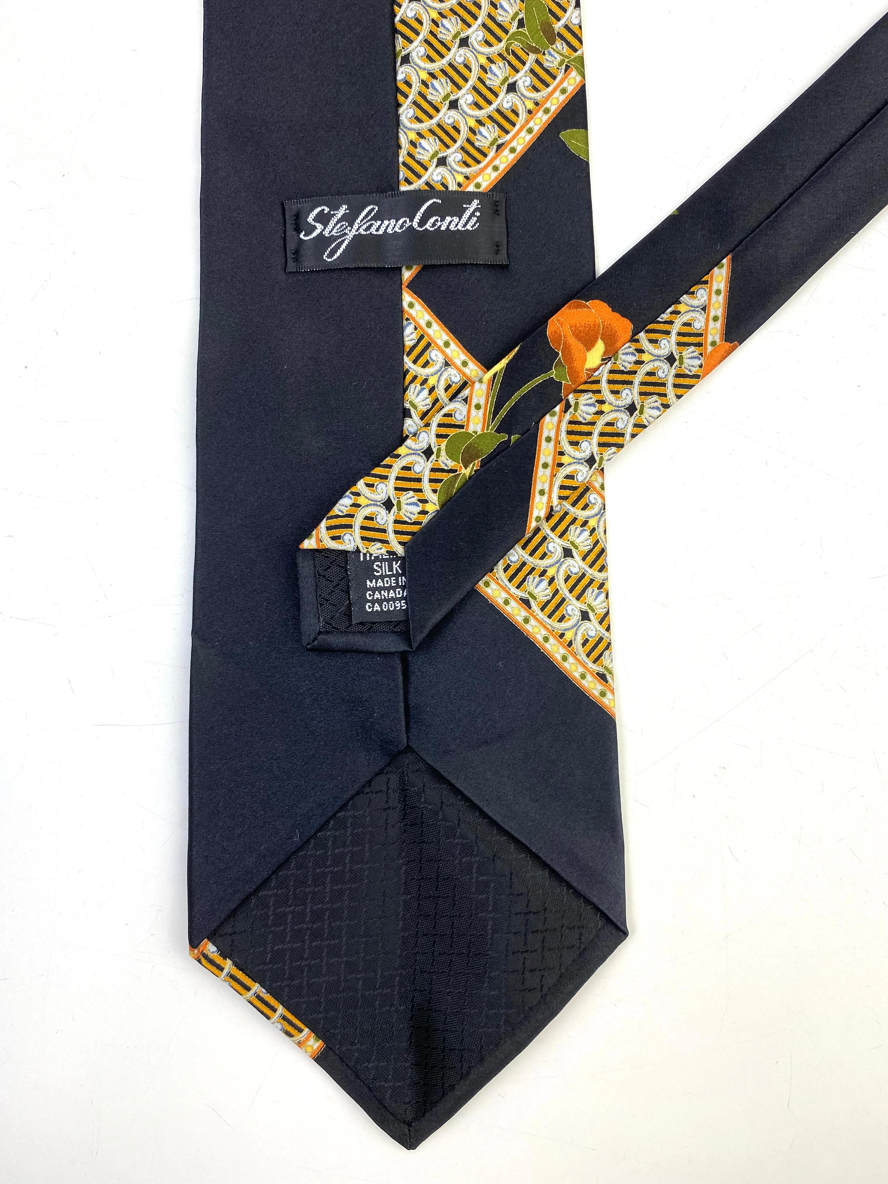 90s Deadstock Silk Necktie, Men's Vintage Gold/ Orange/ Black Floral Pattern Tie, NOS