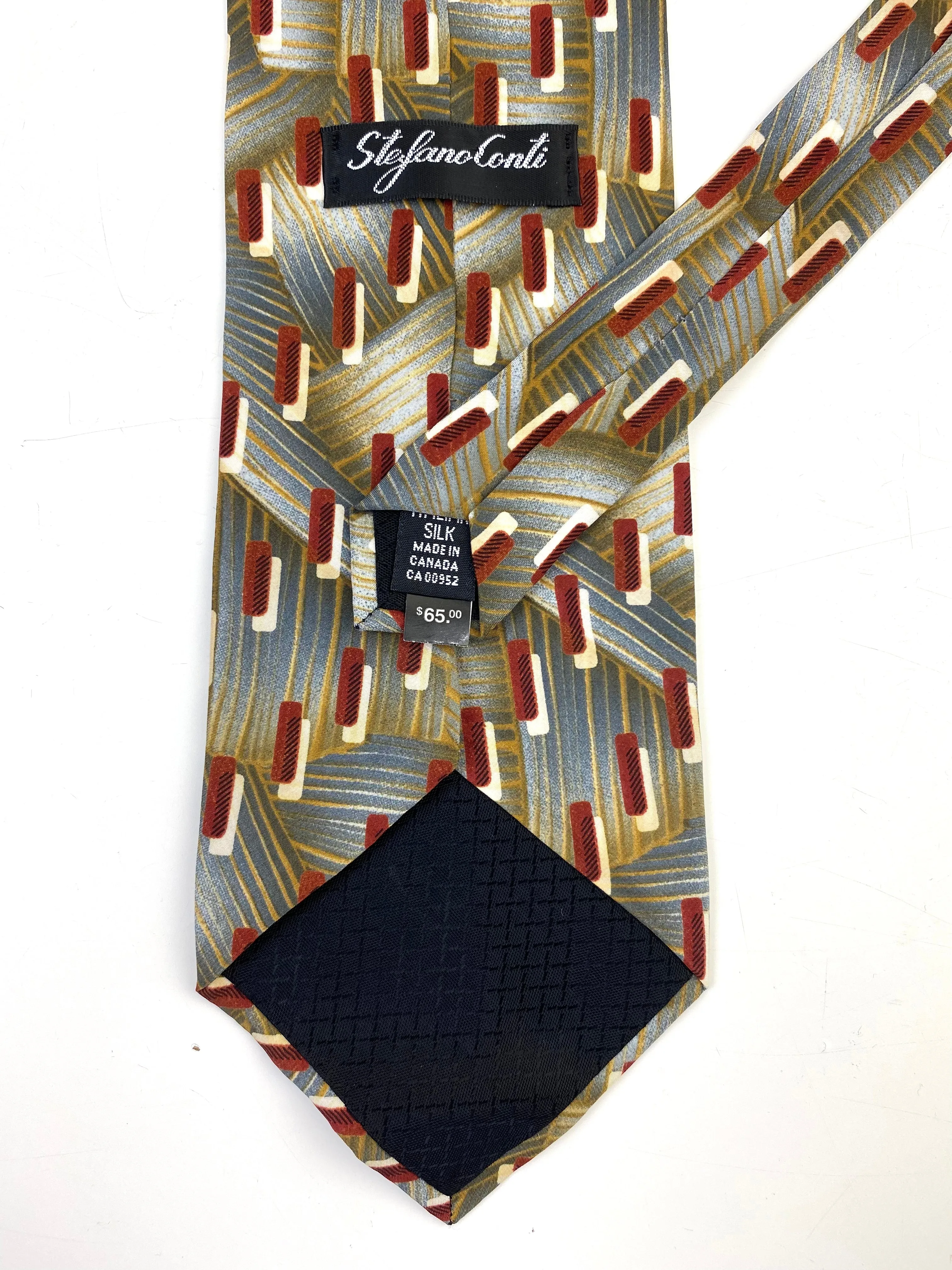 90s Deadstock Silk Necktie, Men's Vintage Gold/ Rust/ Grey Geo-Abstract Pattern Tie, NOS