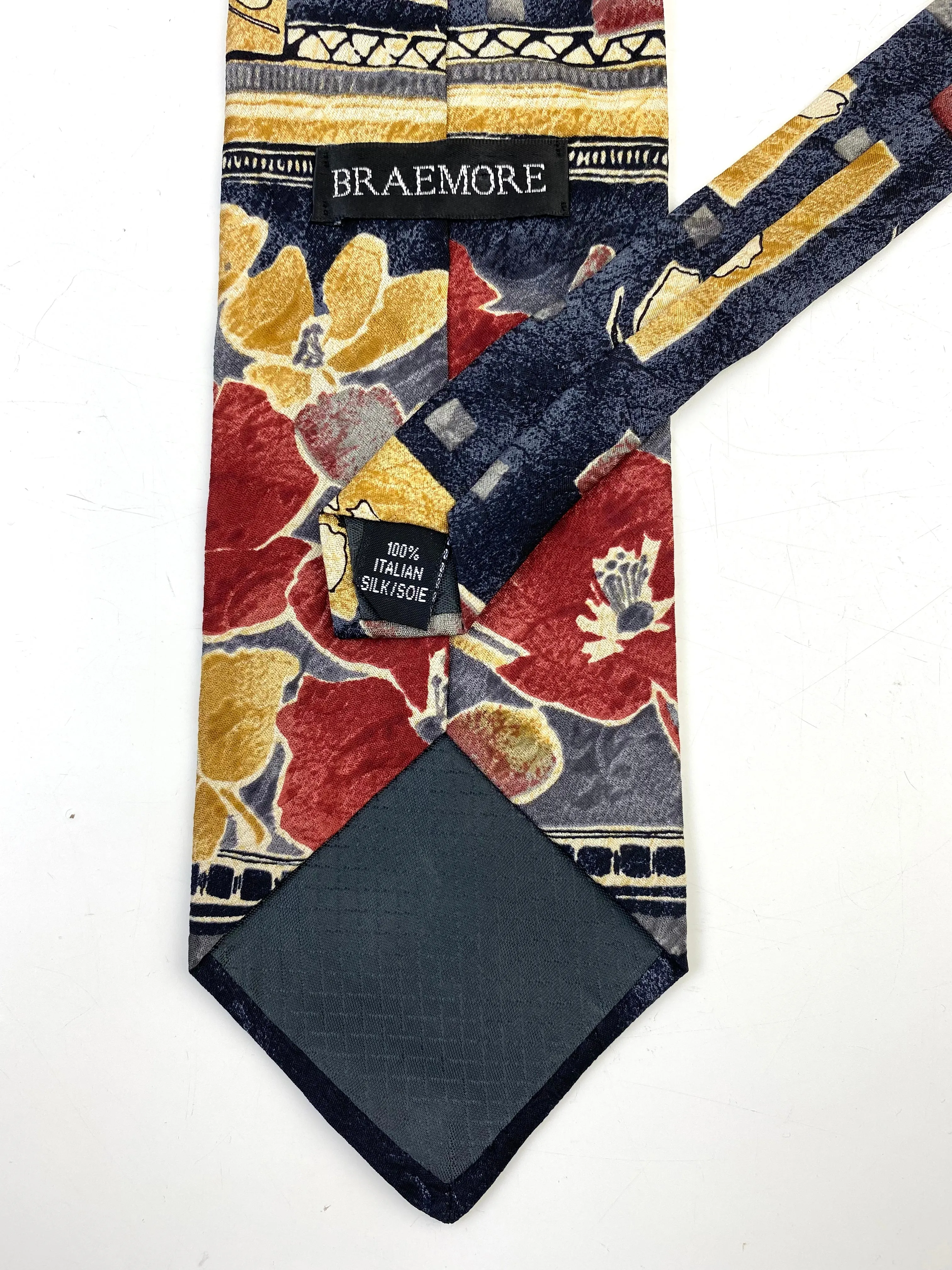 90s Deadstock Silk Necktie, Men's Vintage Gold/Blue/Wine Floral Pattern Tie, NOS