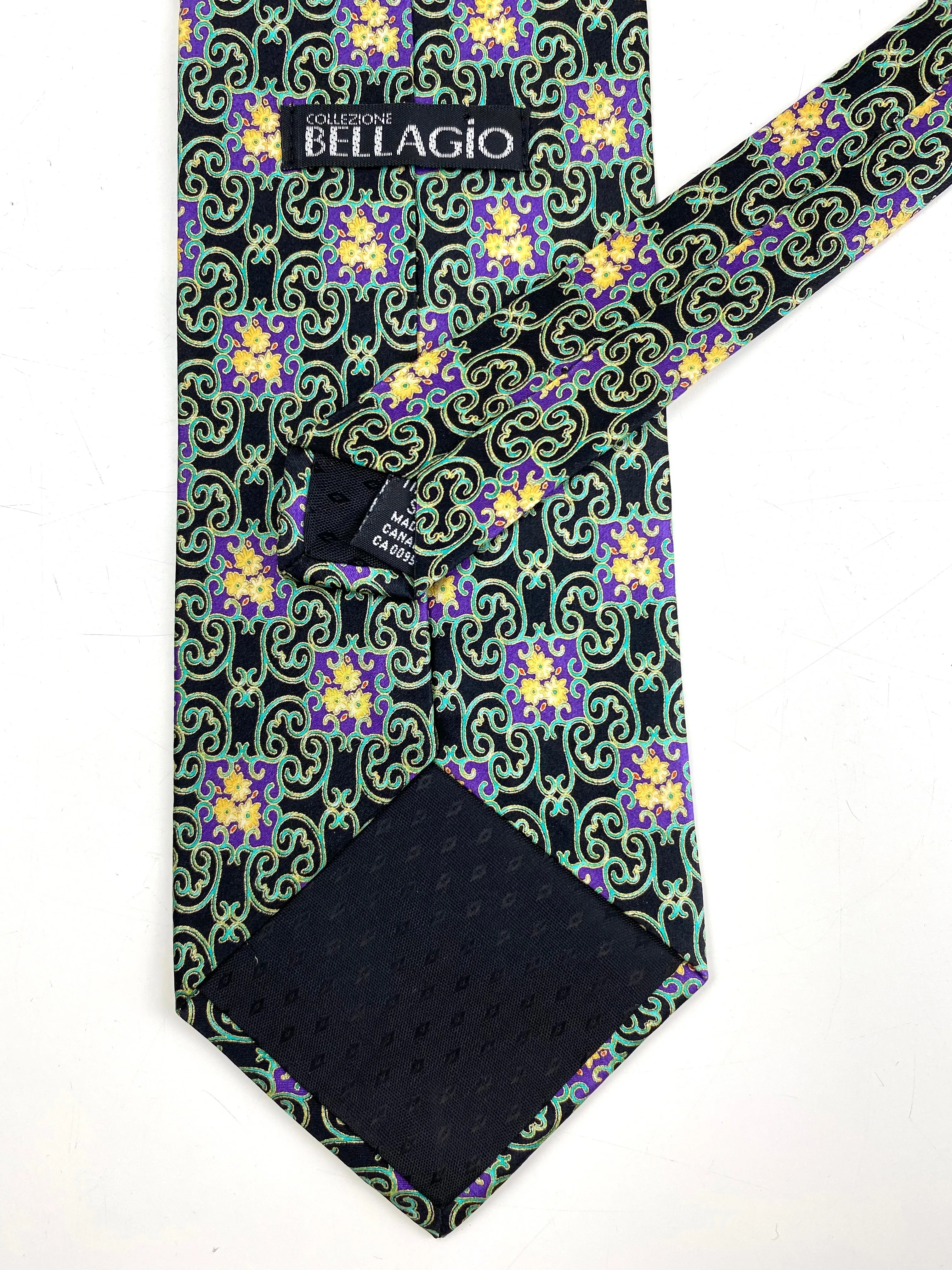 90s Deadstock Silk Necktie, Men's Vintage Green Purple Geometric Art Deco Pattern Tie, NOS