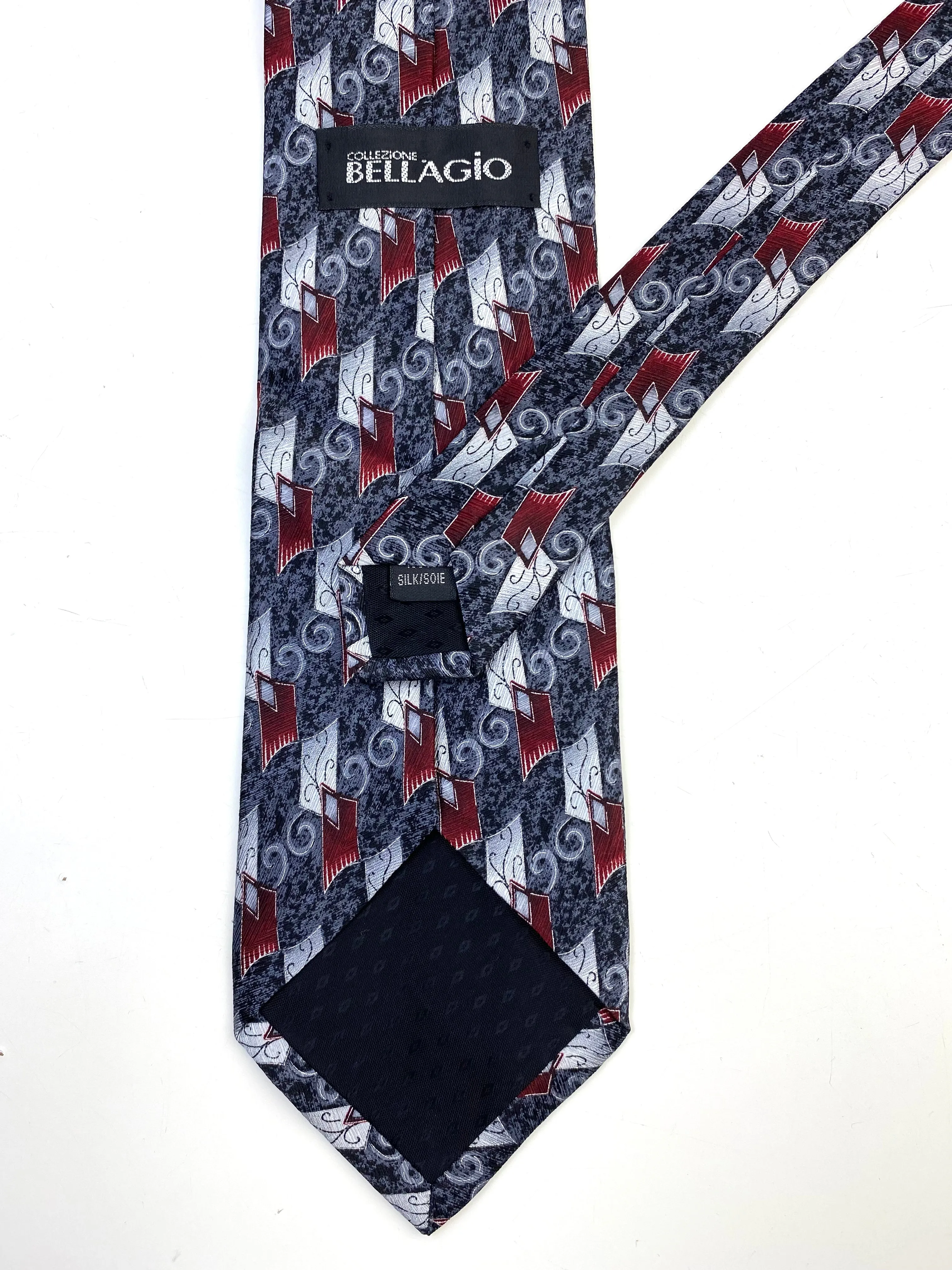 90s Deadstock Silk Necktie, Men's Vintage Grey/ Wine Geo-Abstract Pattern Tie, NOS