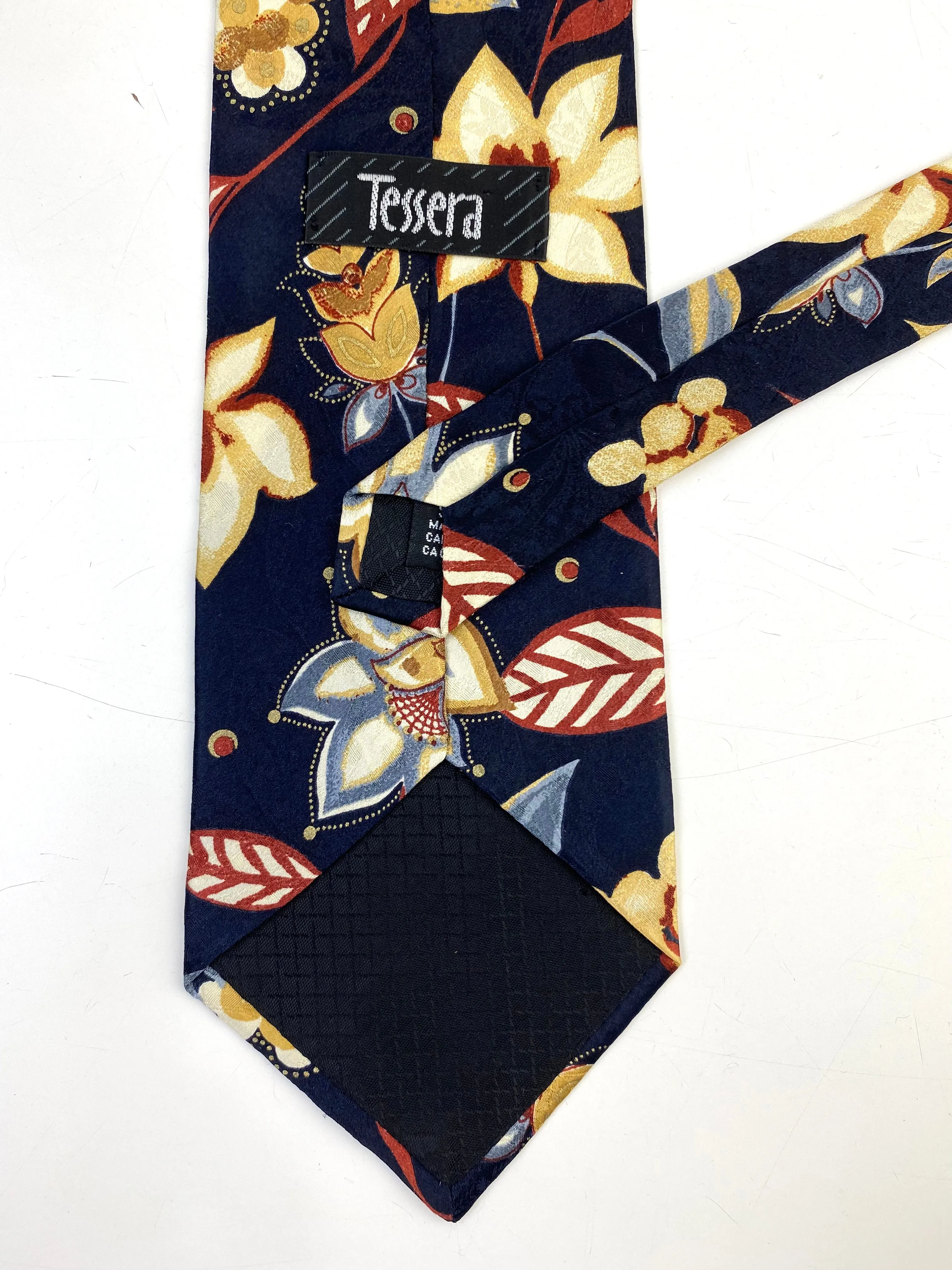 90s Deadstock Silk Necktie, Men's Vintage Navy/ Gold Floral Pattern Tie, NOS