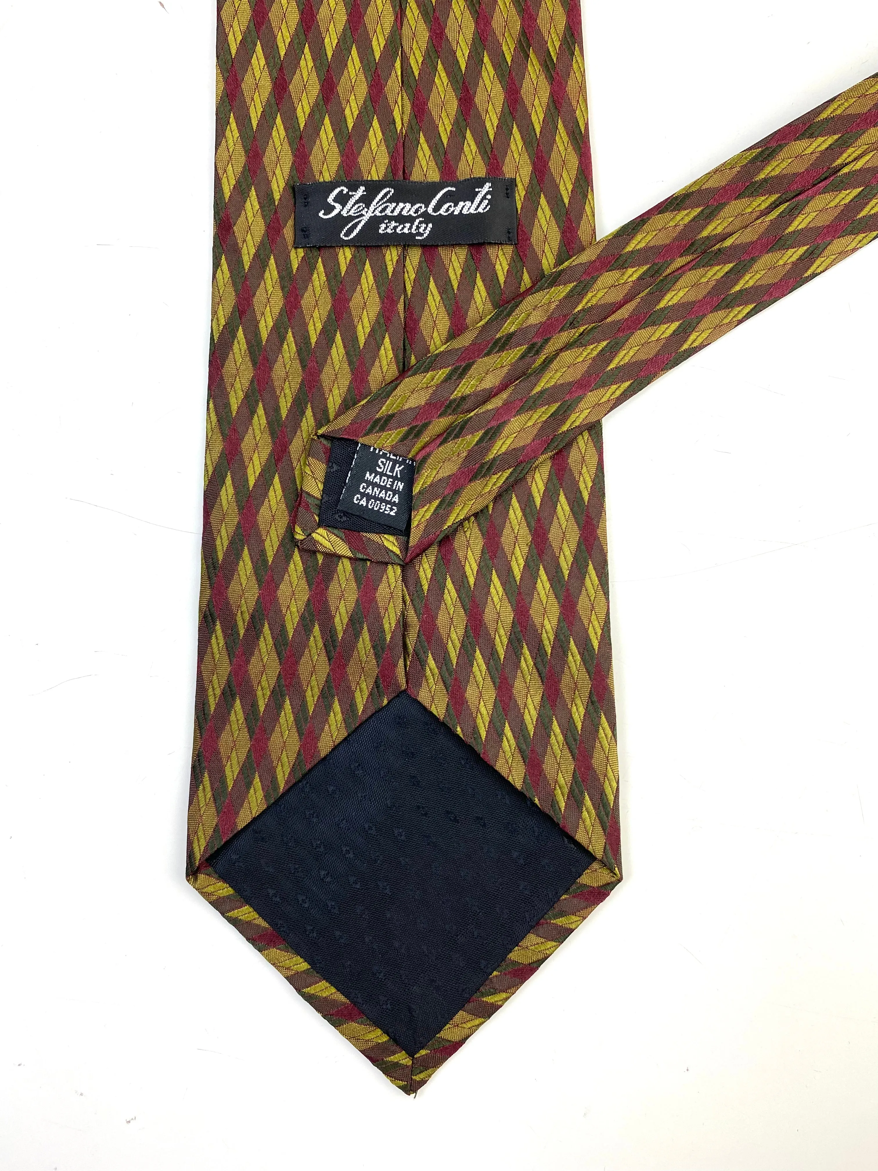 90s Deadstock Silk Necktie, Men's Vintage Wine/ Gold Argyle Pattern Tie, NOS