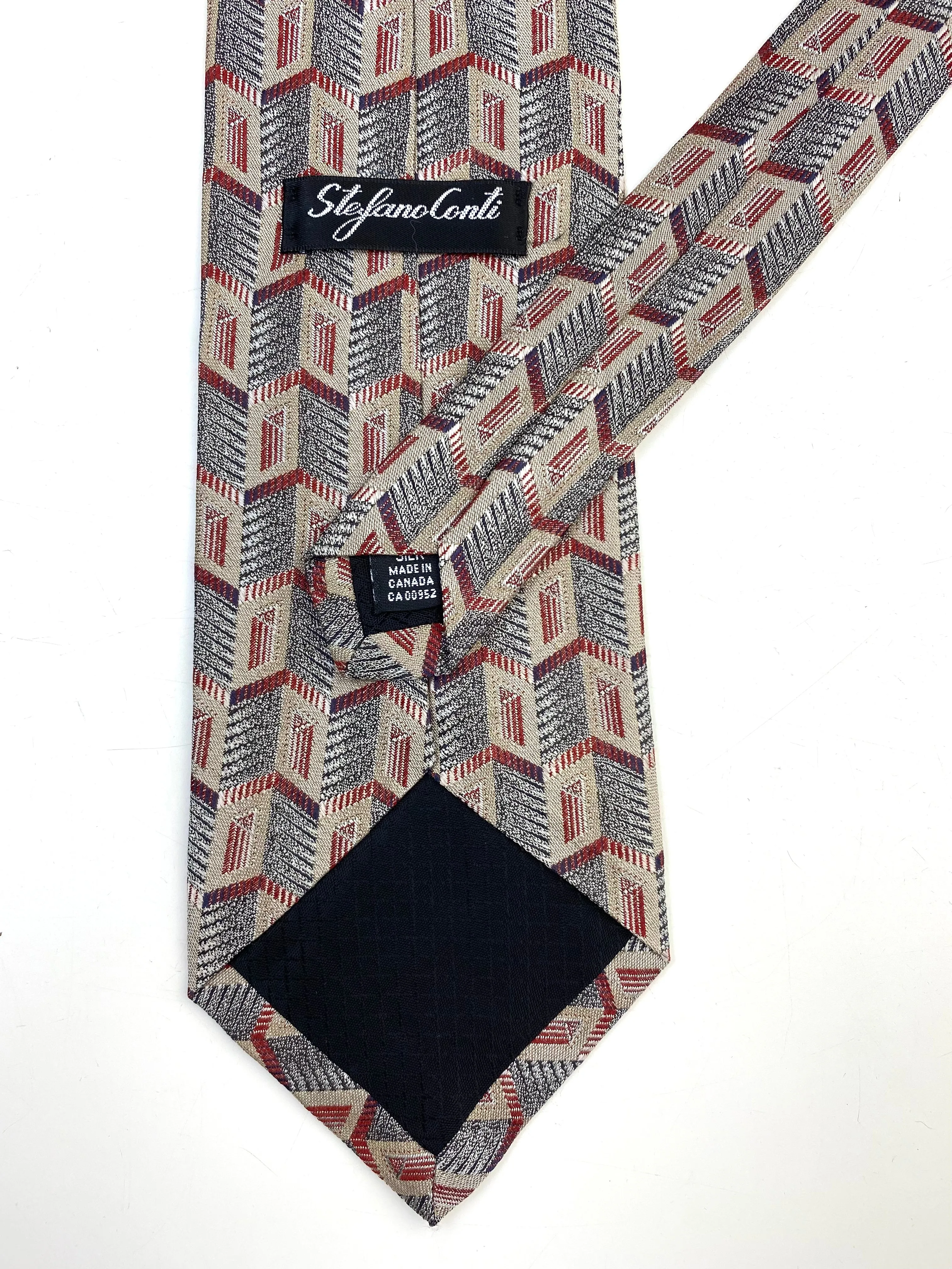 90s Deadstock Silk Necktie, Men's Vintage Wine/ Grey Geometric Pattern Tie, NOS