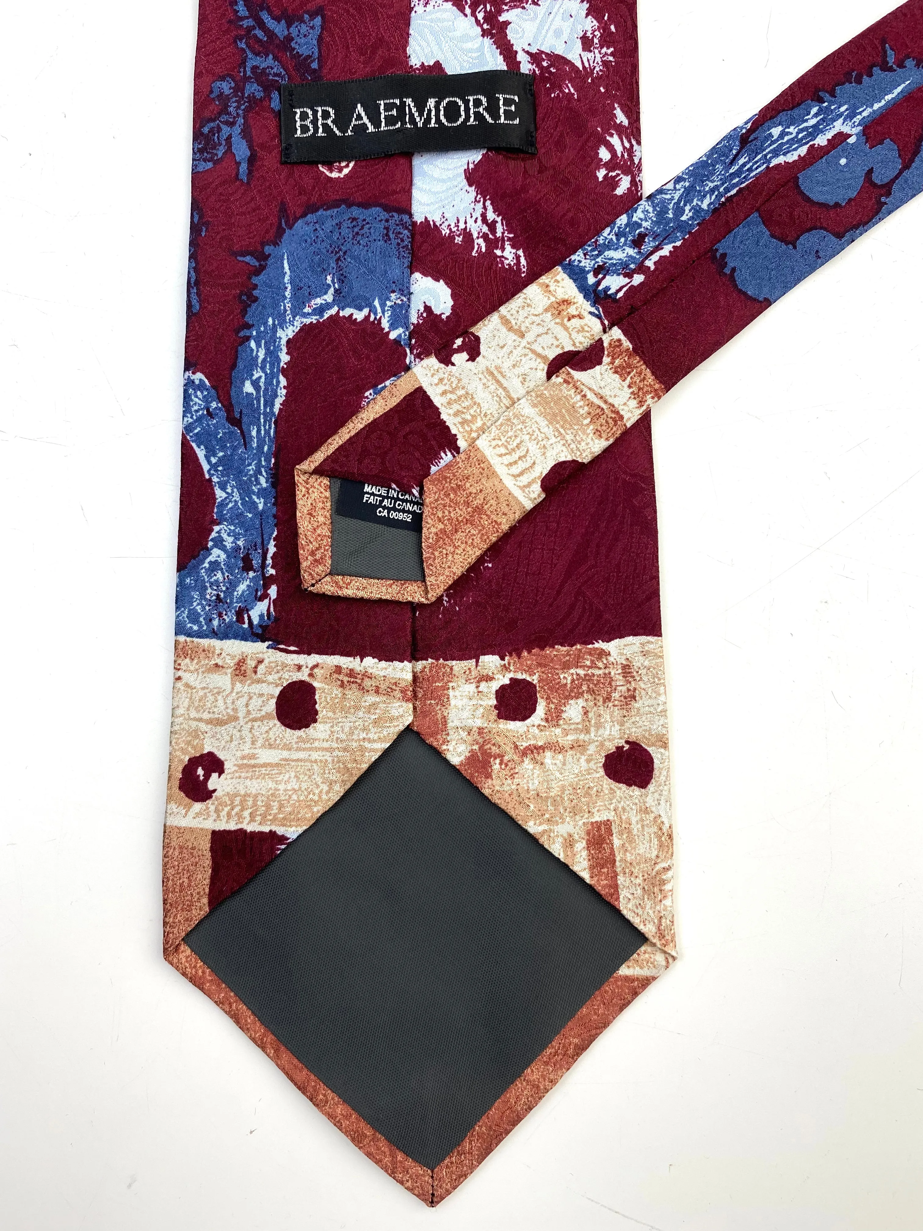 90s Deadstock Silk Necktie, Vintage Wine/ Blue/ Copper Abstract Pattern Tie, NOS