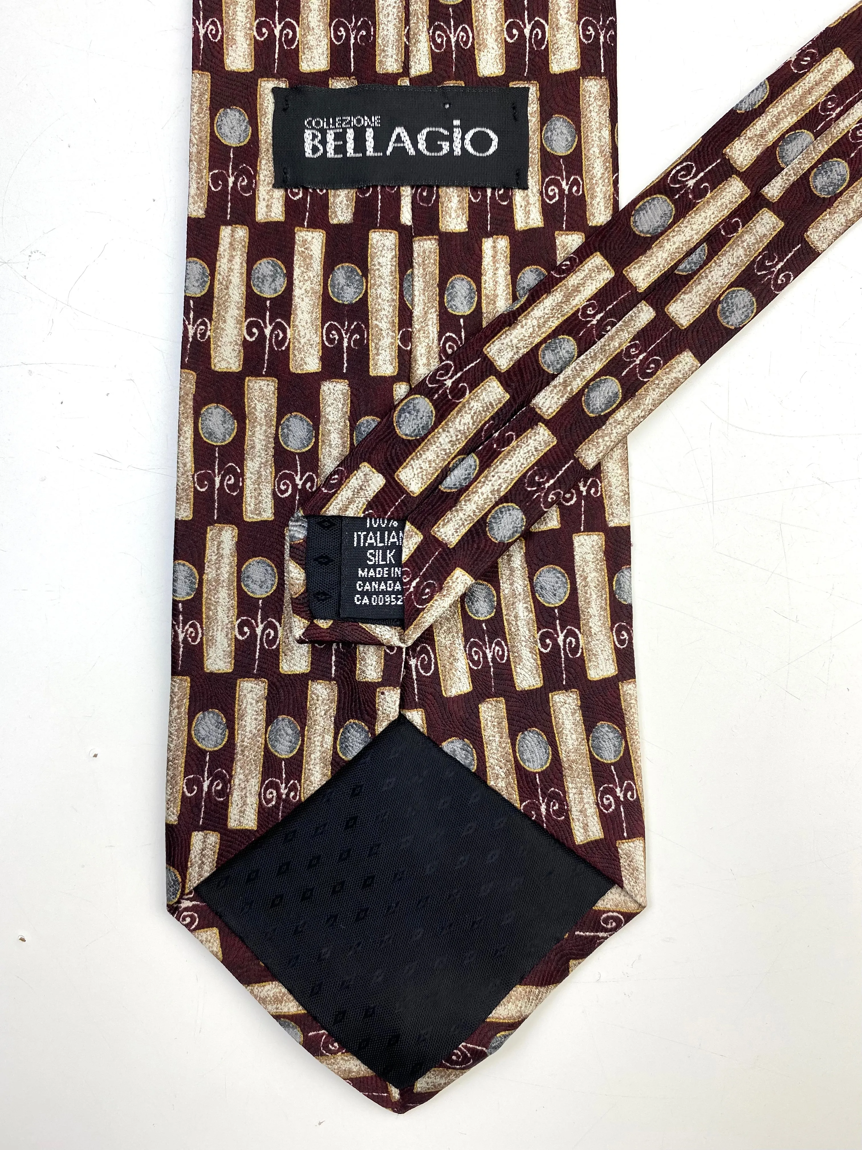 90s Deadstock Silk Necktie, Vintage Wine Gold Geo-Abstract Pattern Tie, NOS