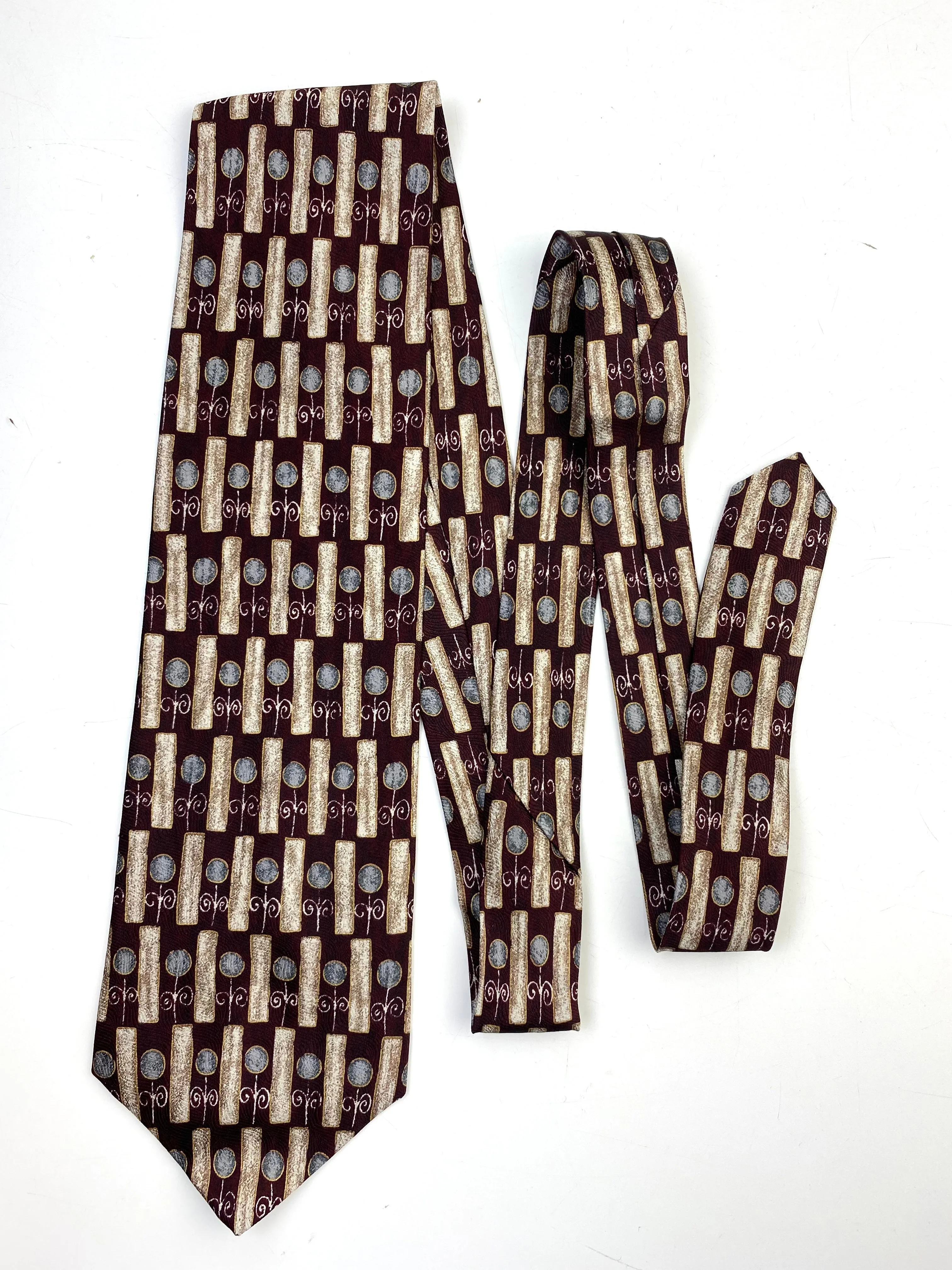 90s Deadstock Silk Necktie, Vintage Wine Gold Geo-Abstract Pattern Tie, NOS