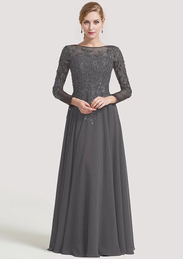 A-line Bateau 3/4 Sleeve Floor-Length Chiffon Mother of the Bride Dress With Beading Appliqued