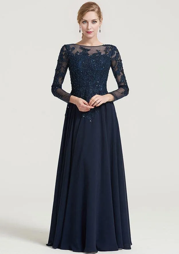 A-line Bateau 3/4 Sleeve Floor-Length Chiffon Mother of the Bride Dress With Beading Appliqued