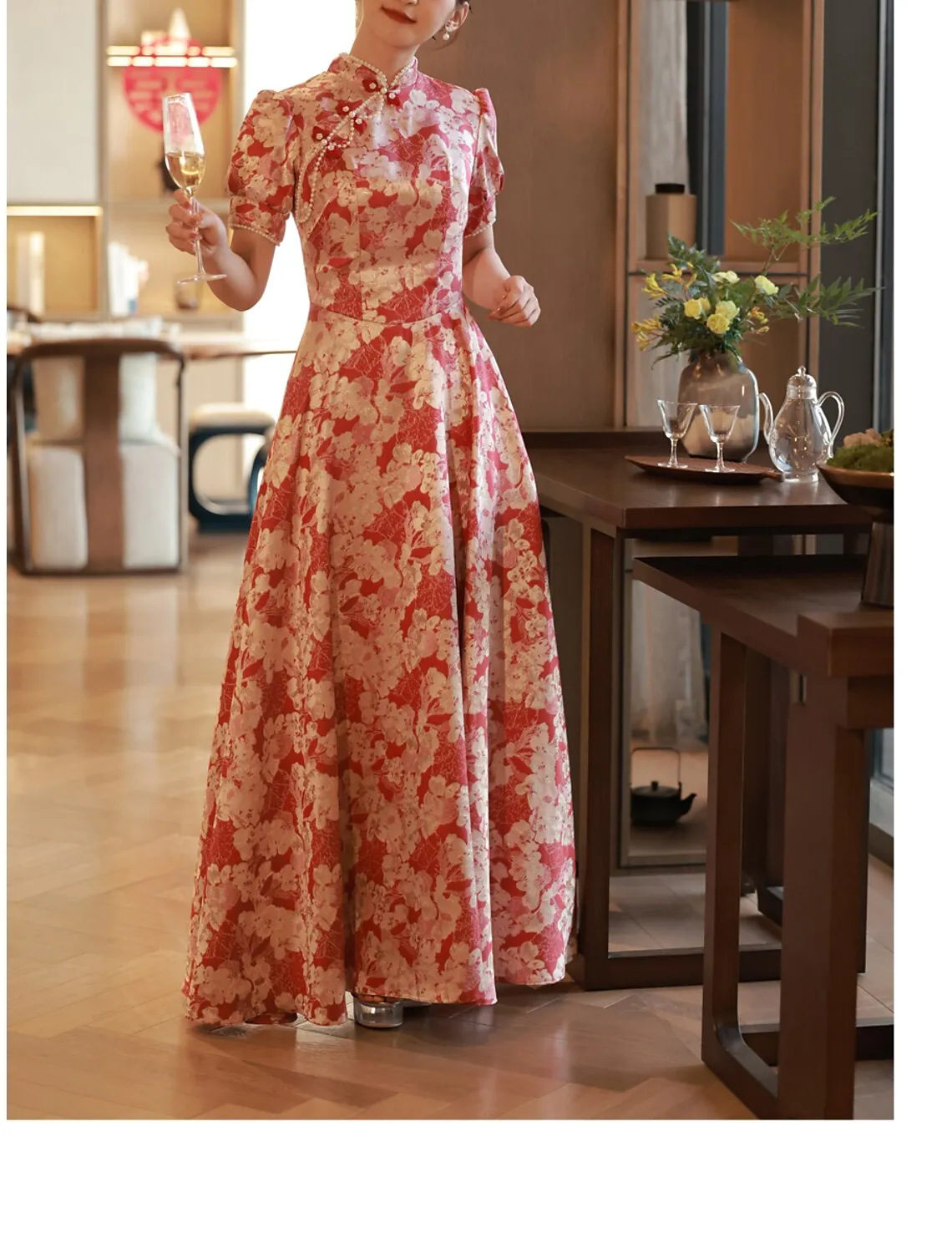 A-Line Evening Gown Elegant Dress Engagement Floor Length Half Sleeve Stand Collar Satin with Pearls Strappy