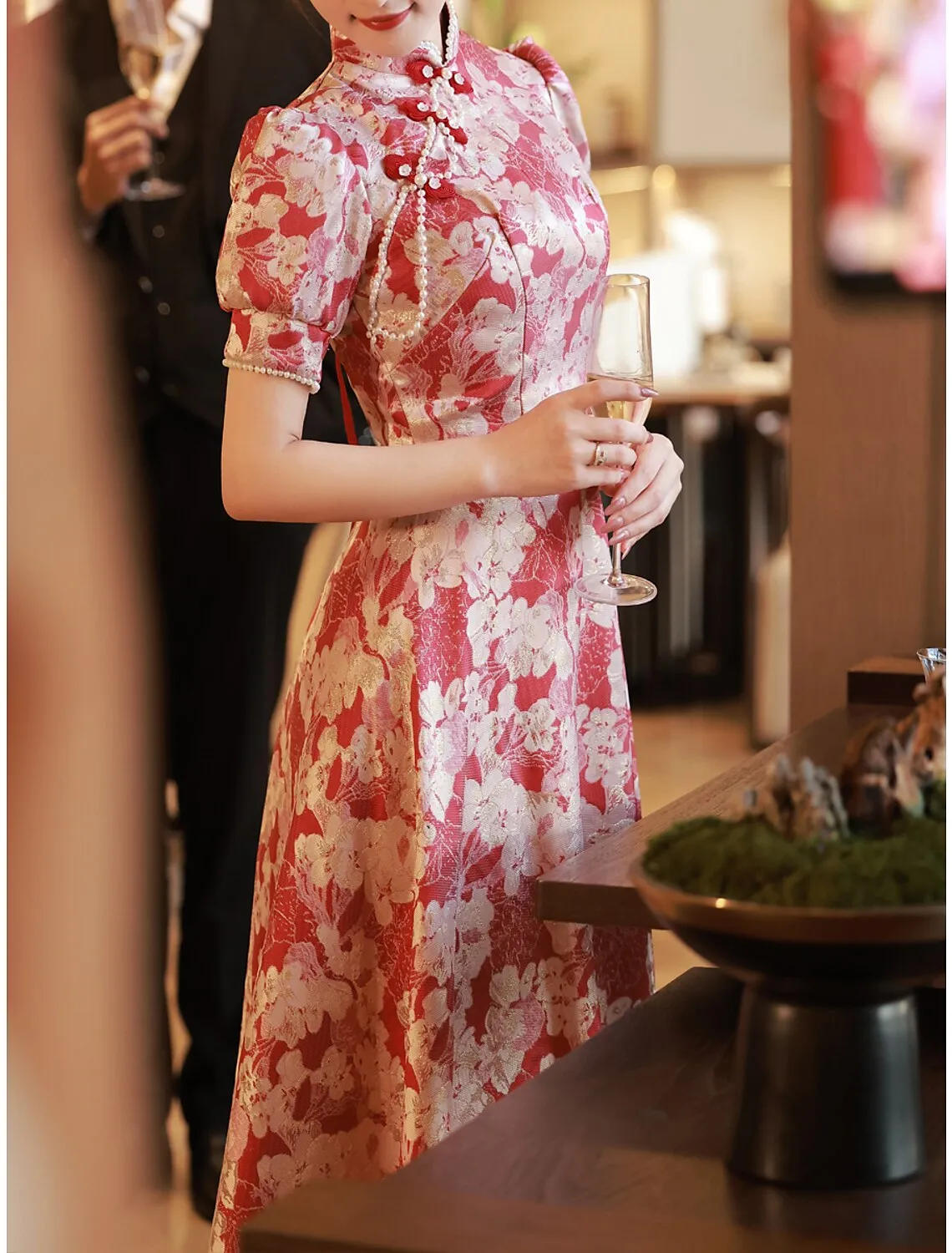 A-Line Evening Gown Elegant Dress Engagement Floor Length Half Sleeve Stand Collar Satin with Pearls Strappy