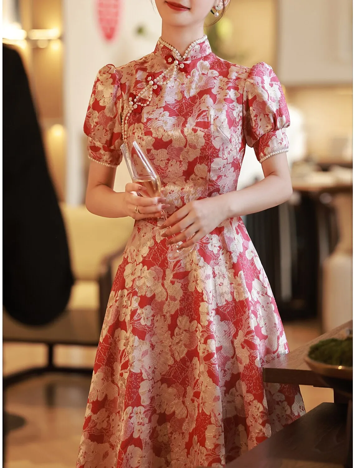 A-Line Evening Gown Elegant Dress Engagement Floor Length Half Sleeve Stand Collar Satin with Pearls Strappy