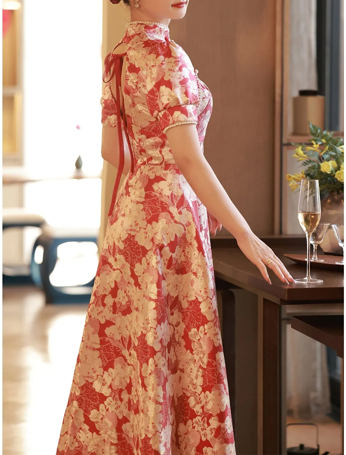 A-Line Evening Gown Elegant Dress Engagement Floor Length Half Sleeve Stand Collar Satin with Pearls Strappy