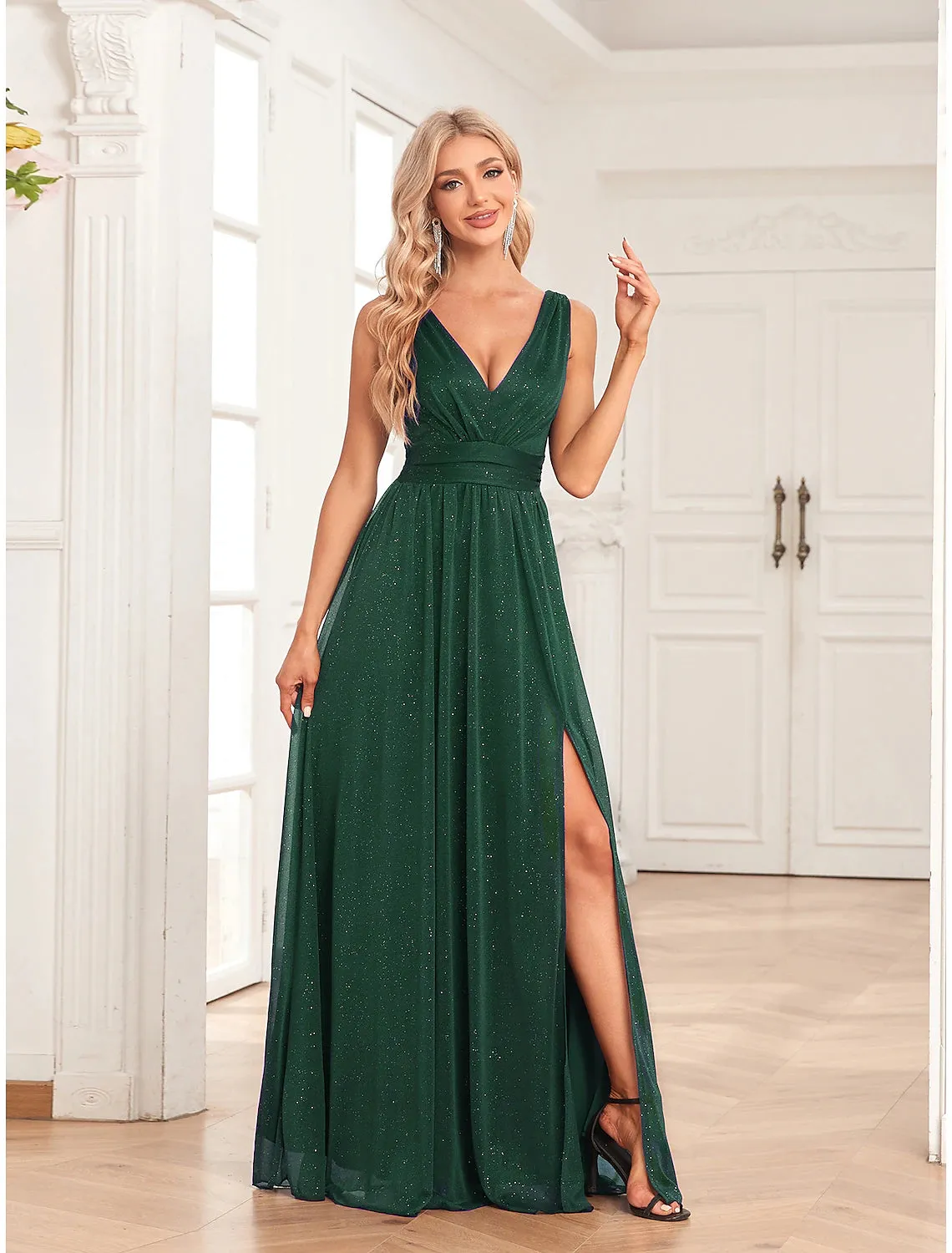 A-Line Evening Gown Empire Dress Party Wear Floor Length Sleeveless V Neck Spandex V Back with Glitter Slit
