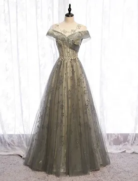 A-Line Evening Gown Floral Dress Wedding Guest Engagement Floor Length Short Sleeve Illusion Neck Tulle with Pleats