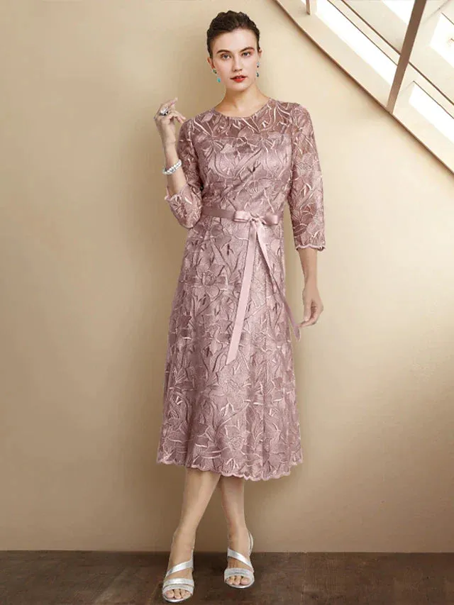 A-Line Mother of the Bride Dress Elegant Jewel Neck Tea Length Lace Charmeuse 3/4 Length Sleeve with Sash / Ribbon Bow(s) Appliques