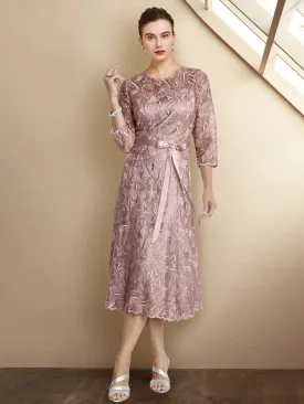 A-Line Mother of the Bride Dress Elegant Jewel Neck Tea Length Lace Charmeuse 3/4 Length Sleeve with Sash / Ribbon Bow(s) Appliques
