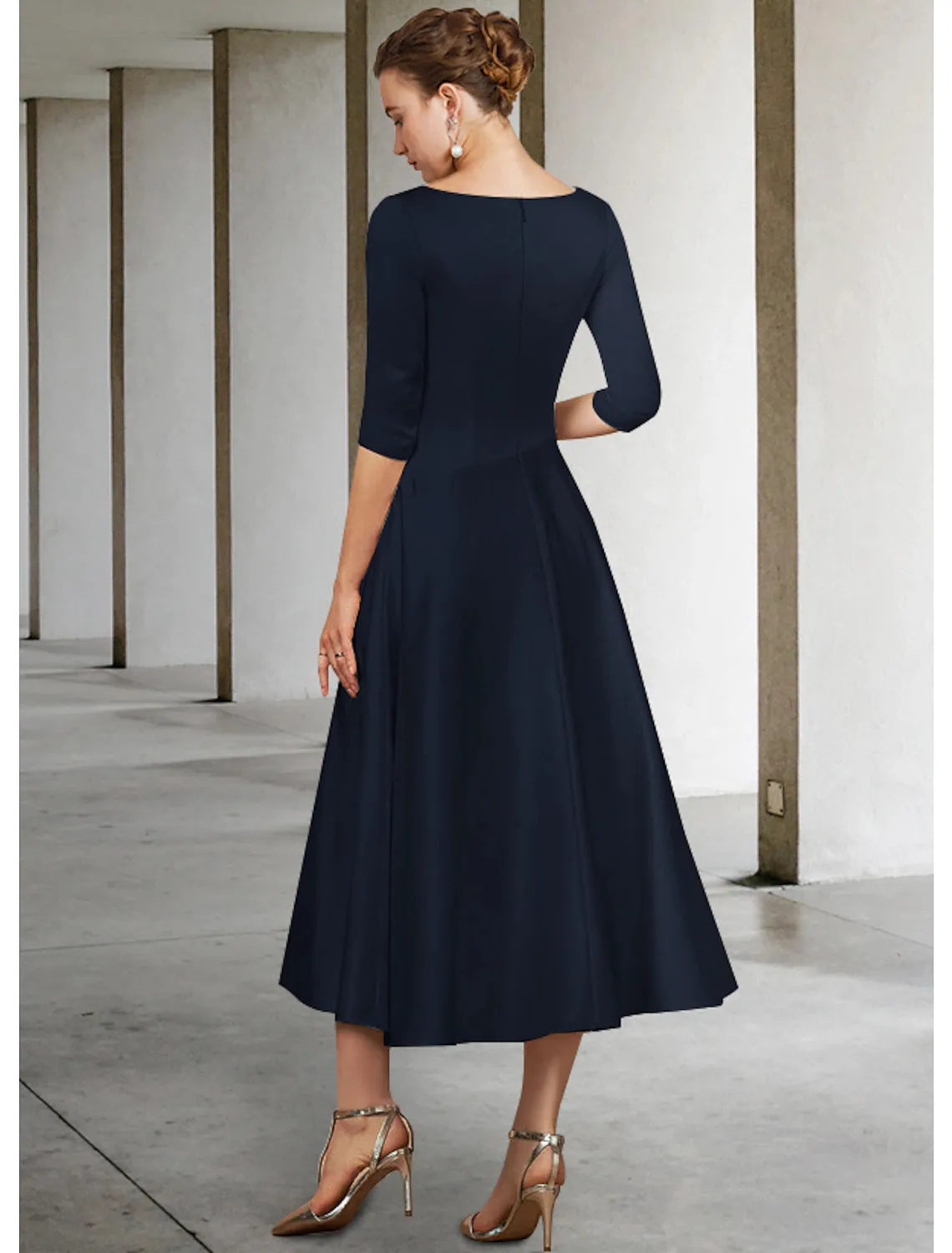 A-Line Mother of the Bride Dress Elegant V Neck Tea Length Satin Half Sleeve with Pleats Ruching