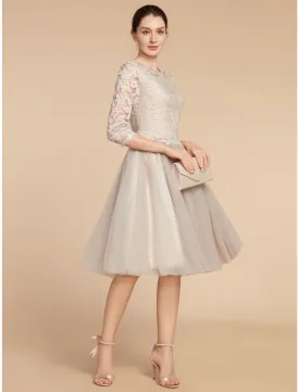 A-Line Mother of the Bride Dress Wedding Guest Elegant Petite Jewel Neck Knee Length Lace Tulle Half Sleeve with Pleats Solid Color