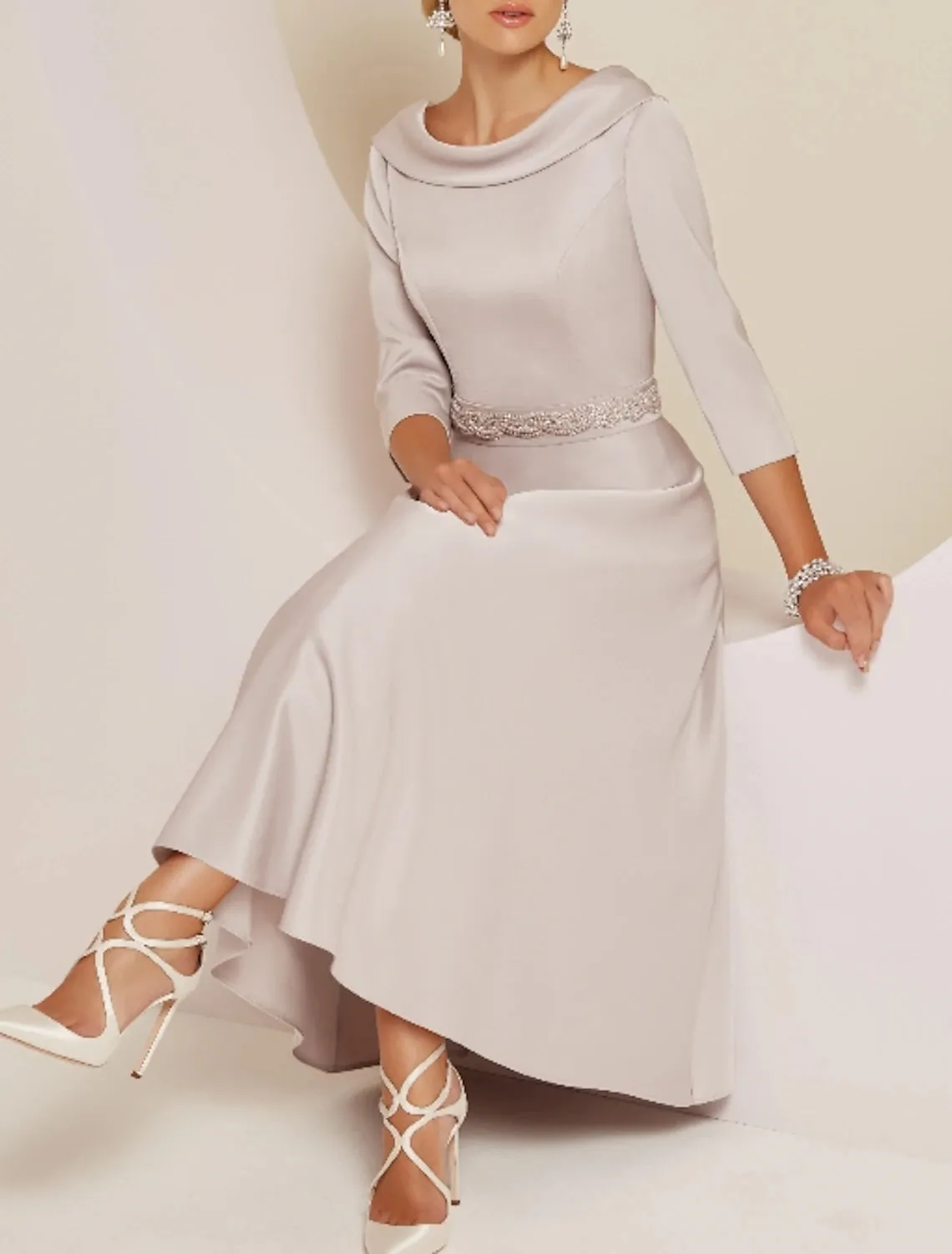 A-Line Mother of the Bride Dress Wedding Guest Vintage Plus Size Elegant Bateau Neck Tea Length Satin 3/4 Length Sleeve with Beading