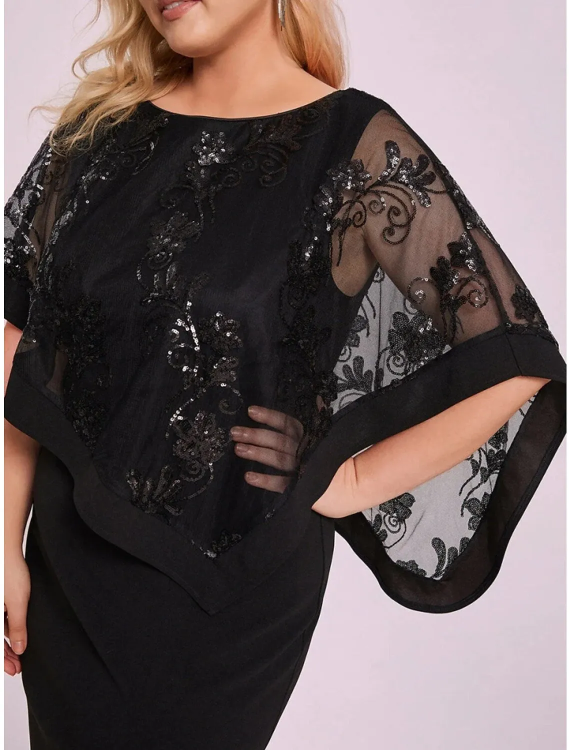 A-Line Plus Size Curve Mother of the Bride Dress Wedding Guest Elegant High Split Jewel Neck Floor Length Chiffon Half Sleeve with Lace Split Front Solid Color