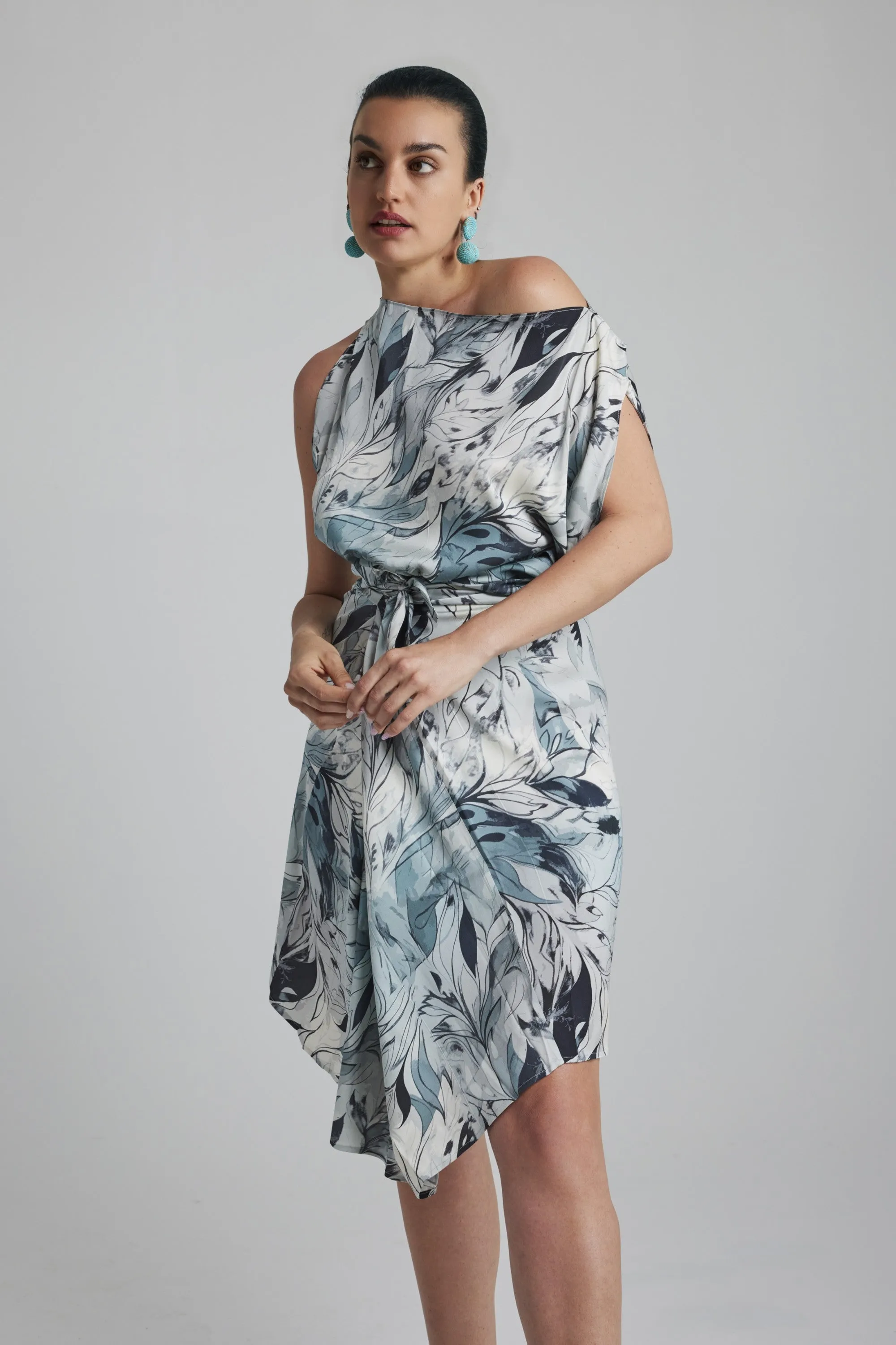 ANGEL DRESS -SILVER/IVORY LEAVES PRINT