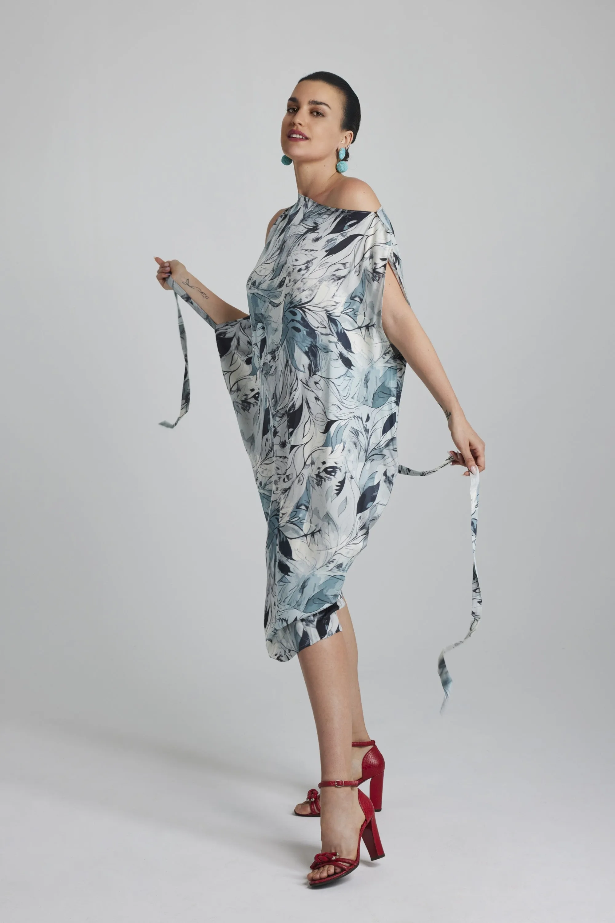 ANGEL DRESS -SILVER/IVORY LEAVES PRINT