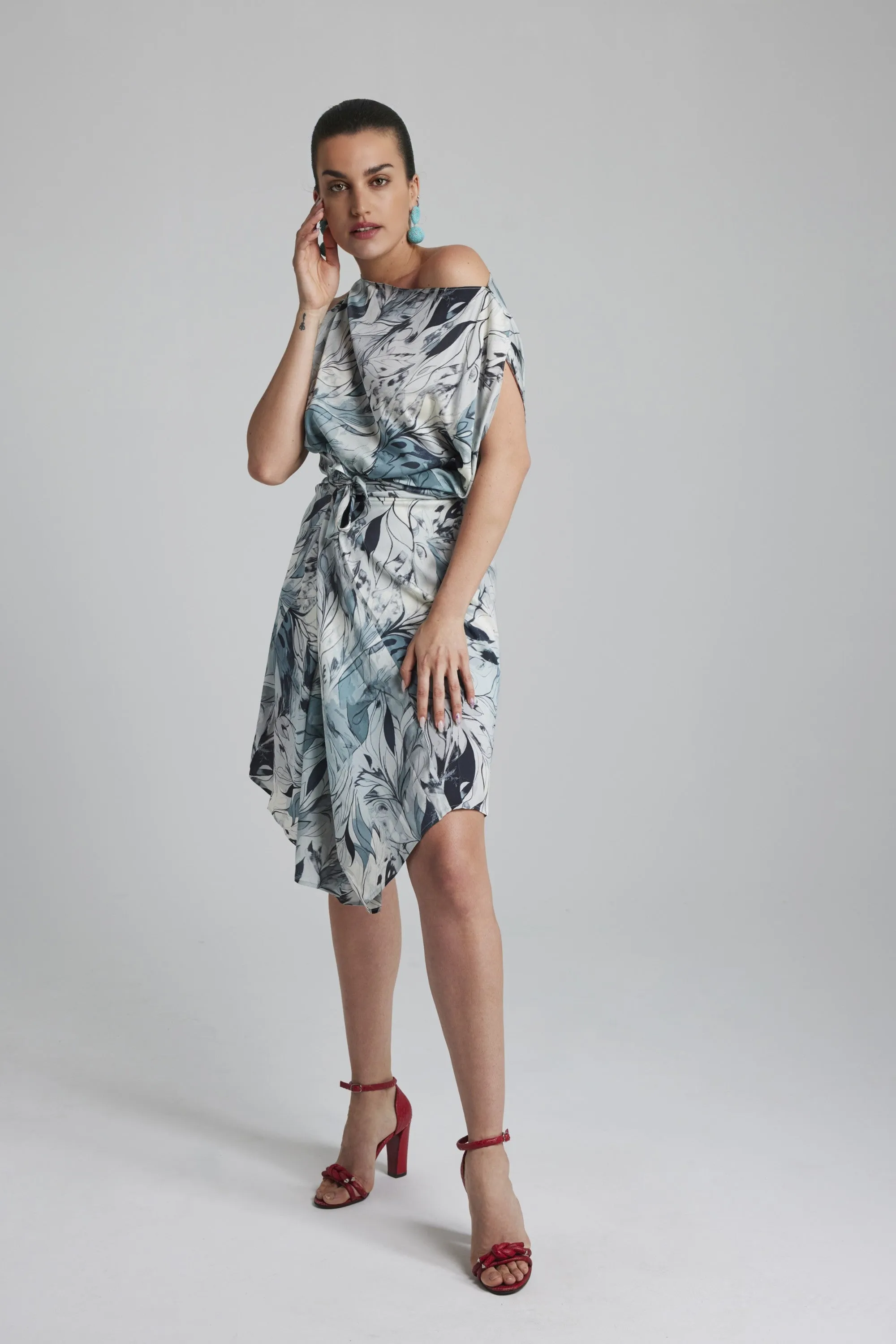 ANGEL DRESS -SILVER/IVORY LEAVES PRINT
