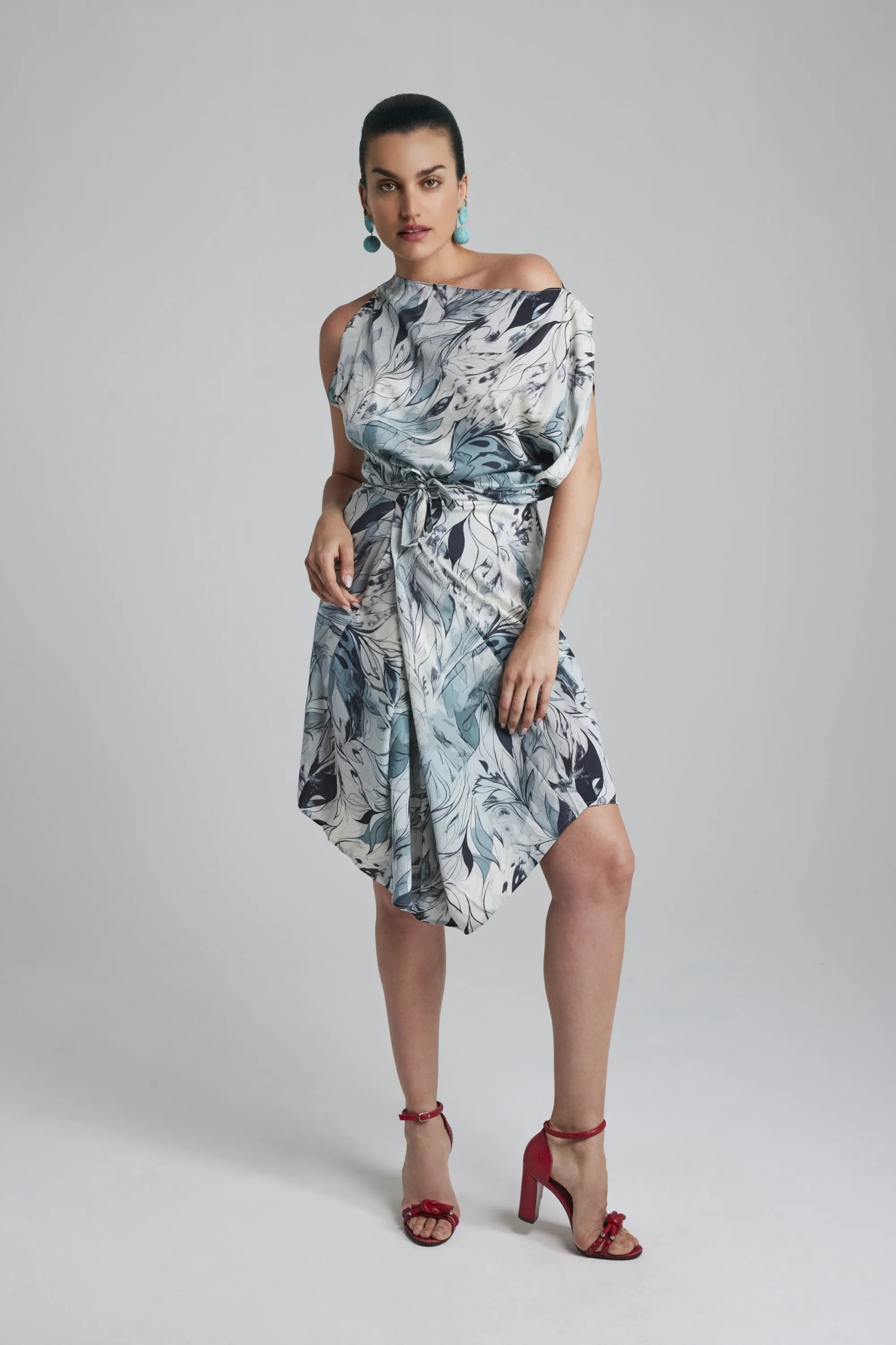 ANGEL DRESS -SILVER/IVORY LEAVES PRINT