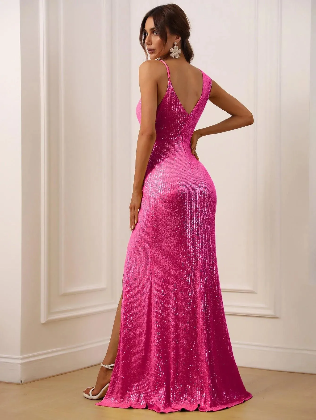 Asymmetrical Neck Split Thigh Sequin Party Dress