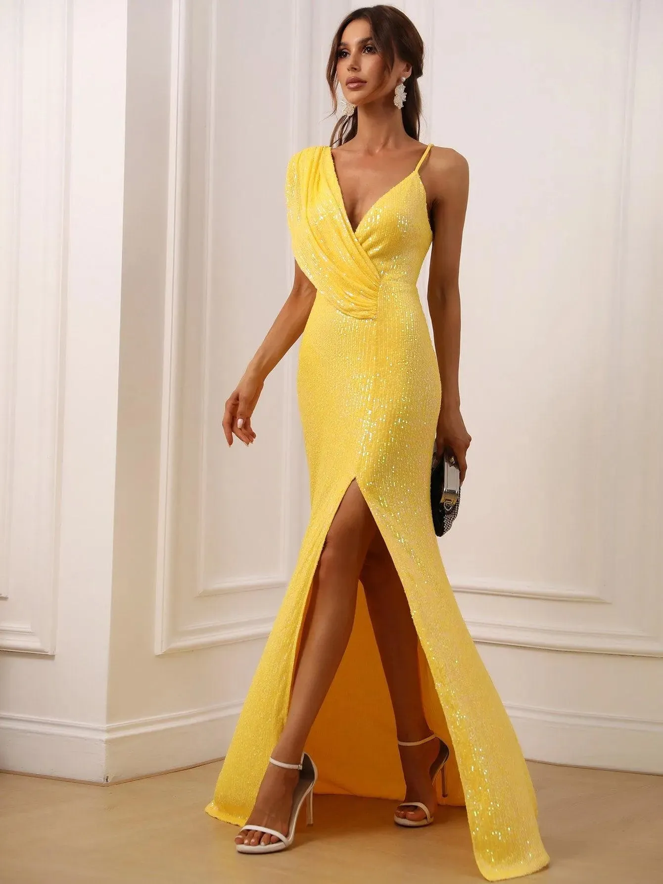 Asymmetrical Neck Split Thigh Sequin Party Dress