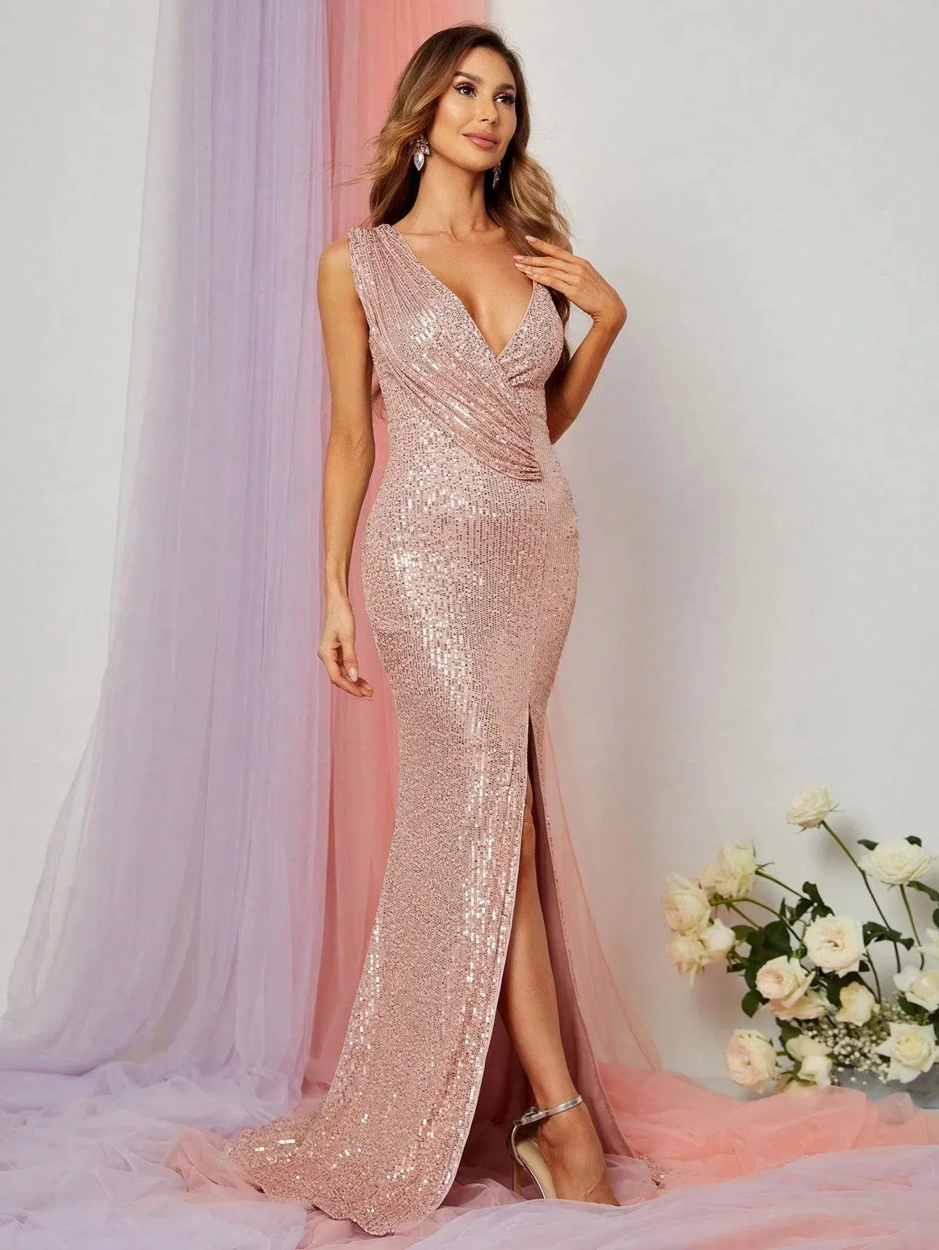 Asymmetrical Neck Split Thigh Sequin Party Dress