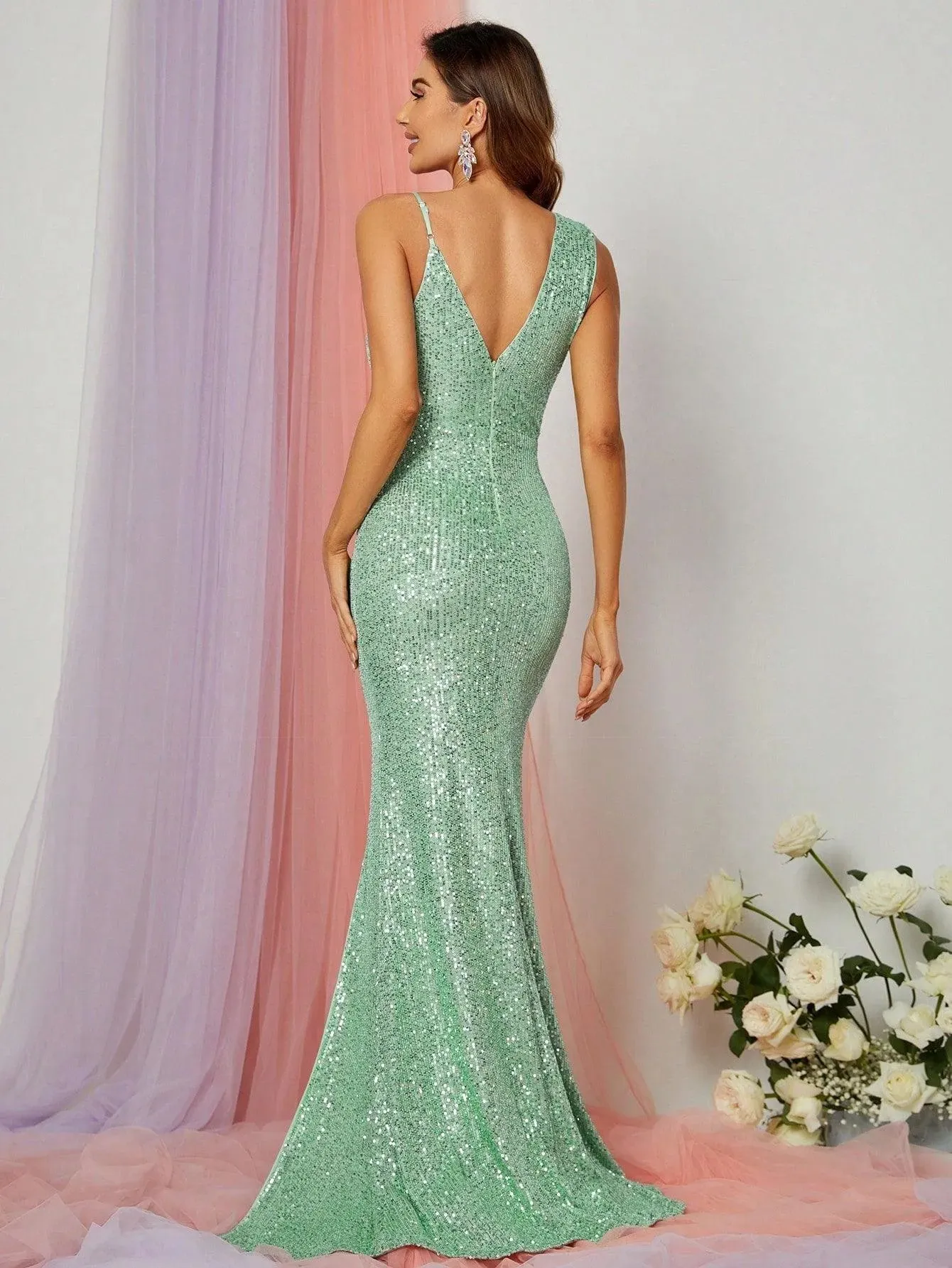 Asymmetrical Neck Split Thigh Sequin Party Dress