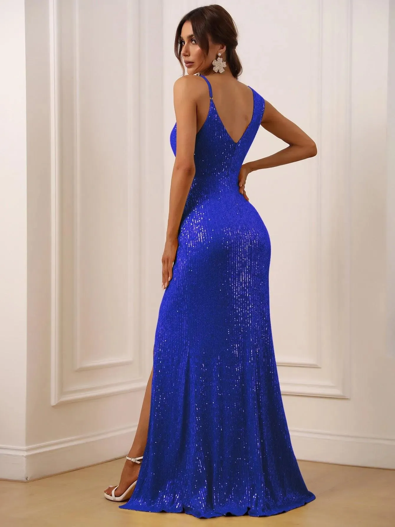 Asymmetrical Neck Split Thigh Sequin Party Dress